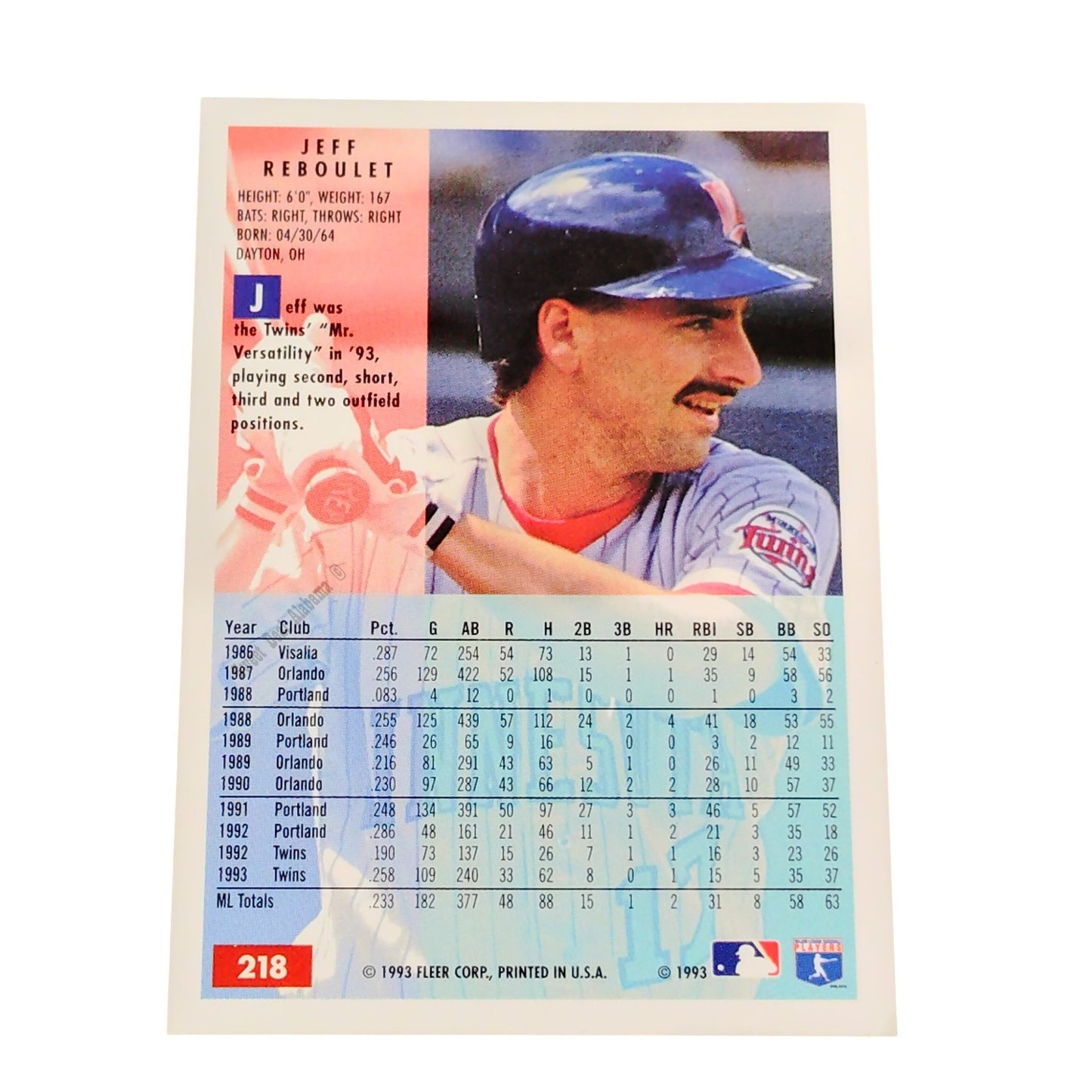 Jeff Reboulet, Minnesota Twins, #218, 1994 Fleer Baseball Collector's Card
