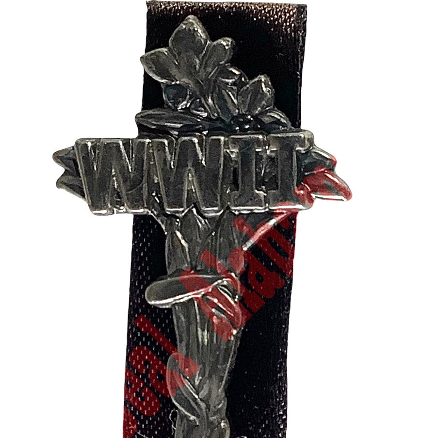 WWII Memorial Black Ribbon w/ Cross Device Hat or Lapel Pin, 2-1/8" x 7/8"