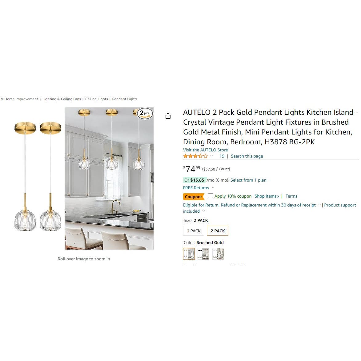 AUTELO 2-Pk Gold Pendant Lights Kitchen Island - Heavy Crystal Vintage Pendants