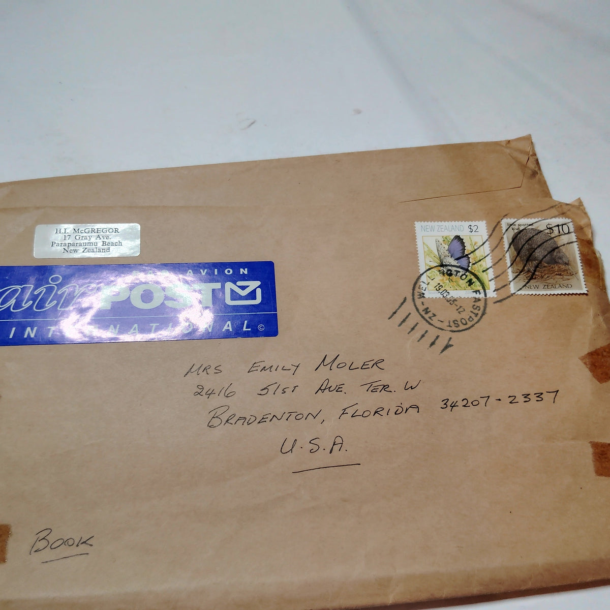 New Zealand 1995 Postal Cover $2 Butterfly & $10 Kiwi Stamps to USA