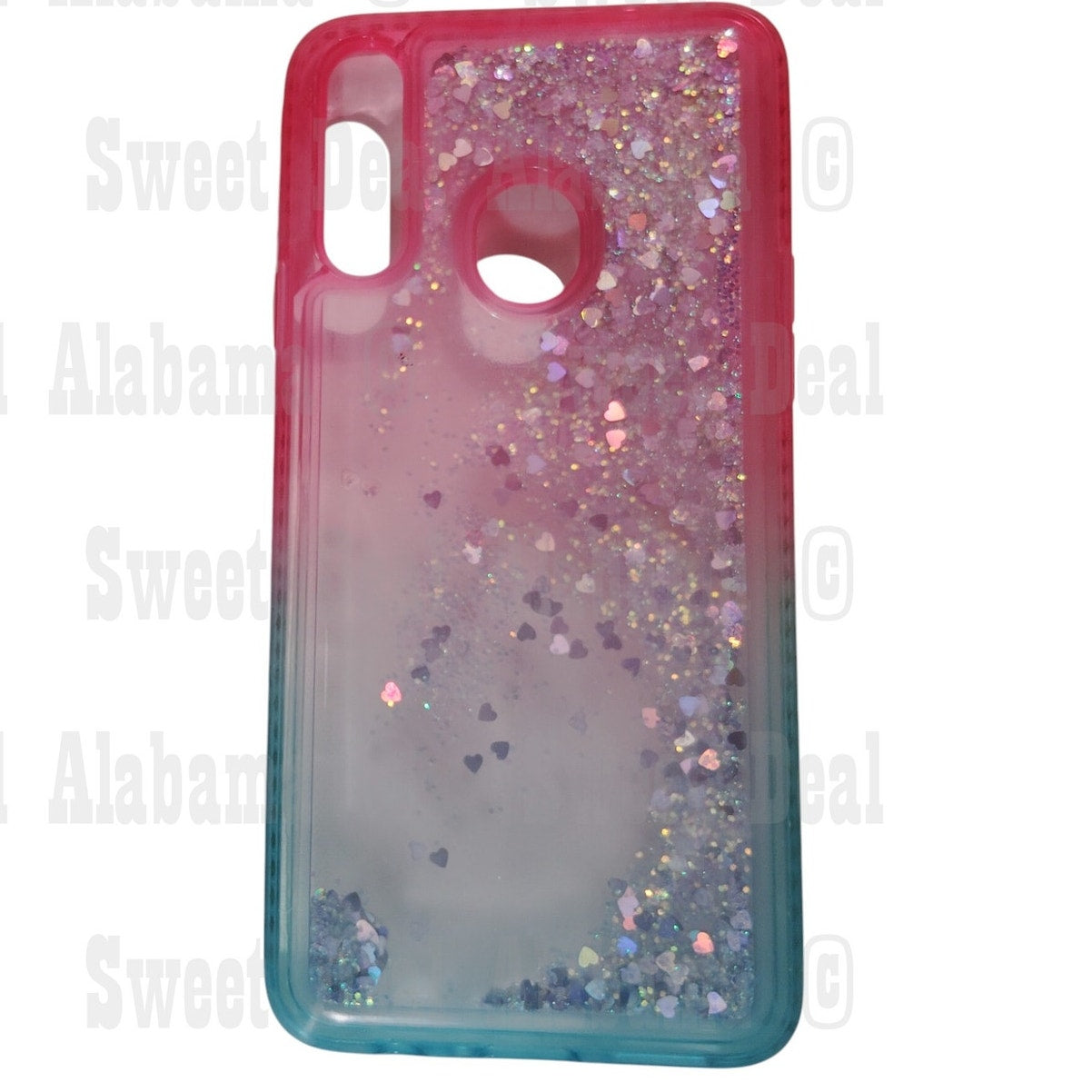 Cellphone Case For Samsung Galaxy A20s, Pink/Aqua w/ Glitter/Hearts Quicksand