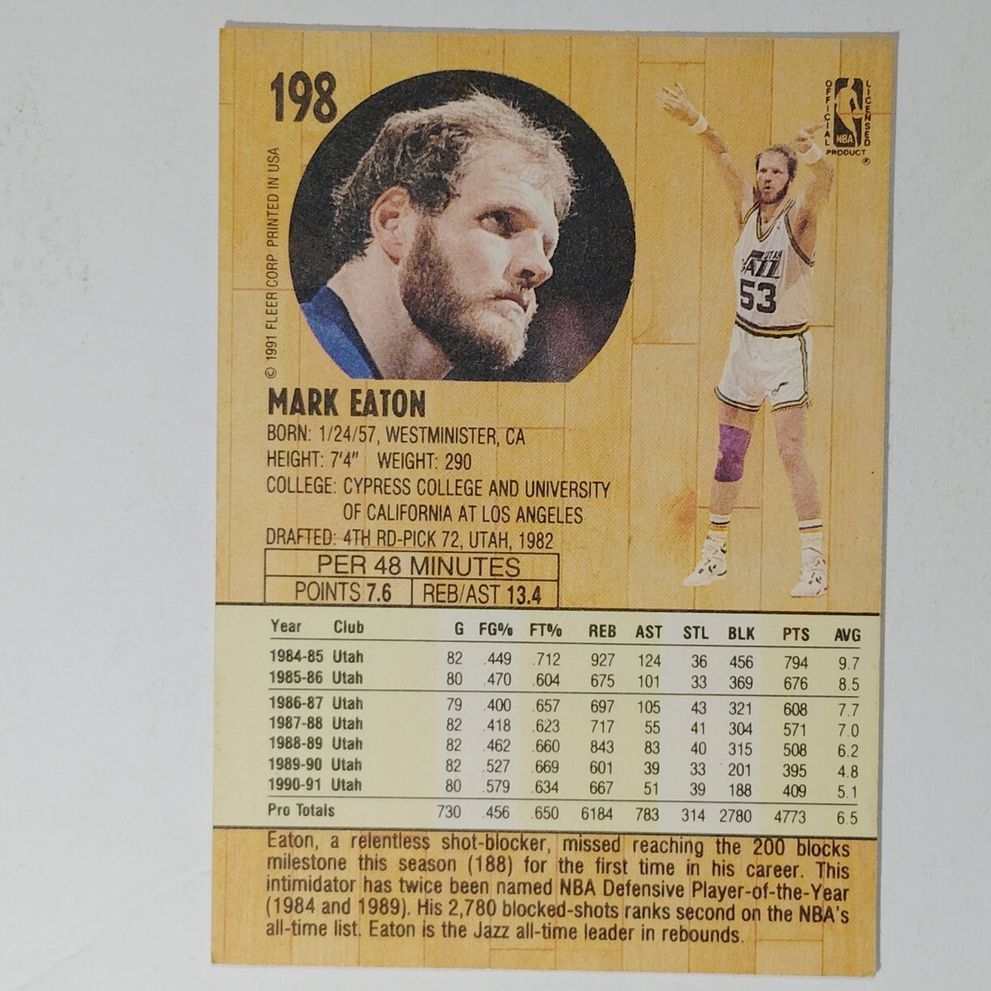 1991 Fleer Mark Eaton #198 – Utah Jazz – NBA Card