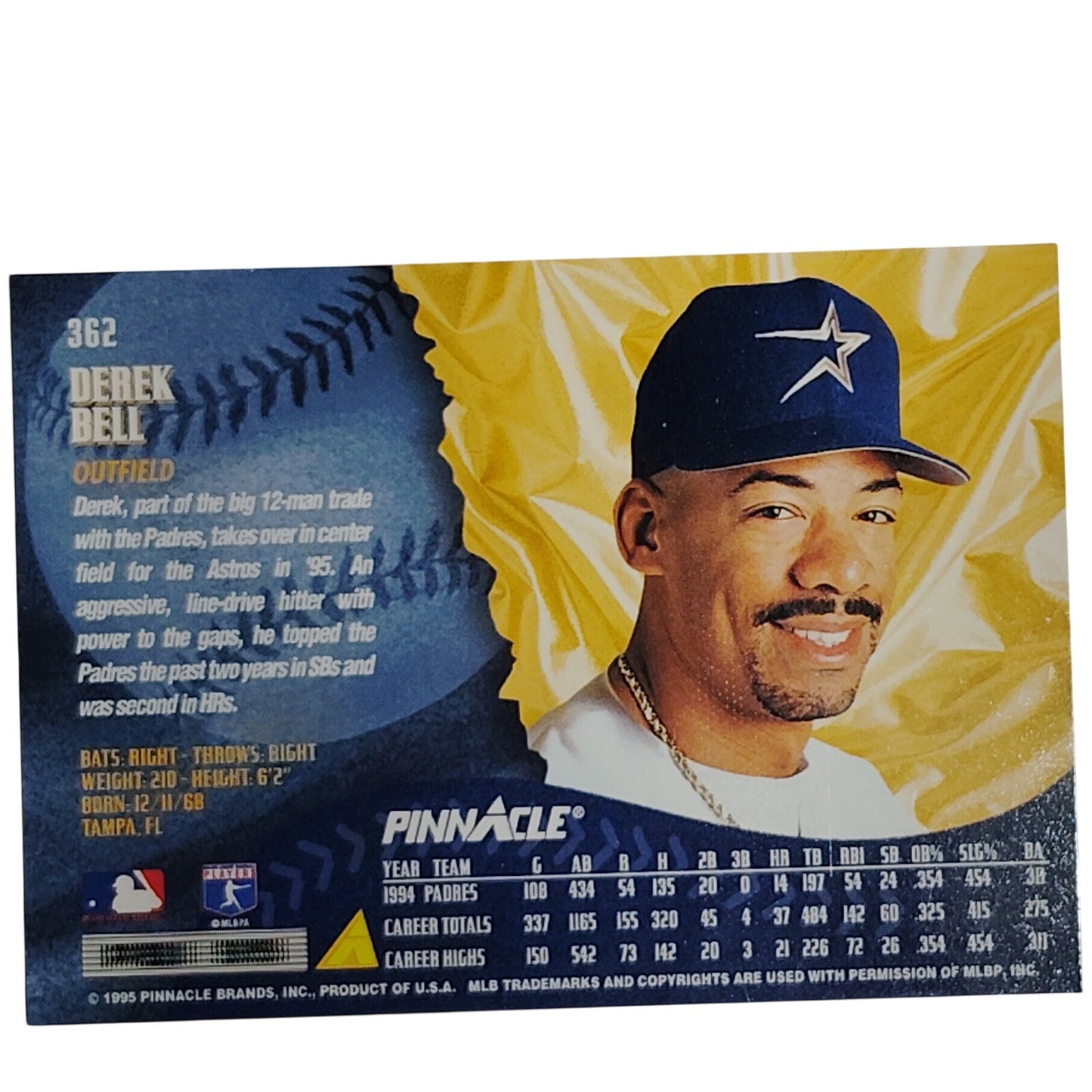 1995 Pinnacle Derek Bell Card #362 Houston Astros OF VG/EX