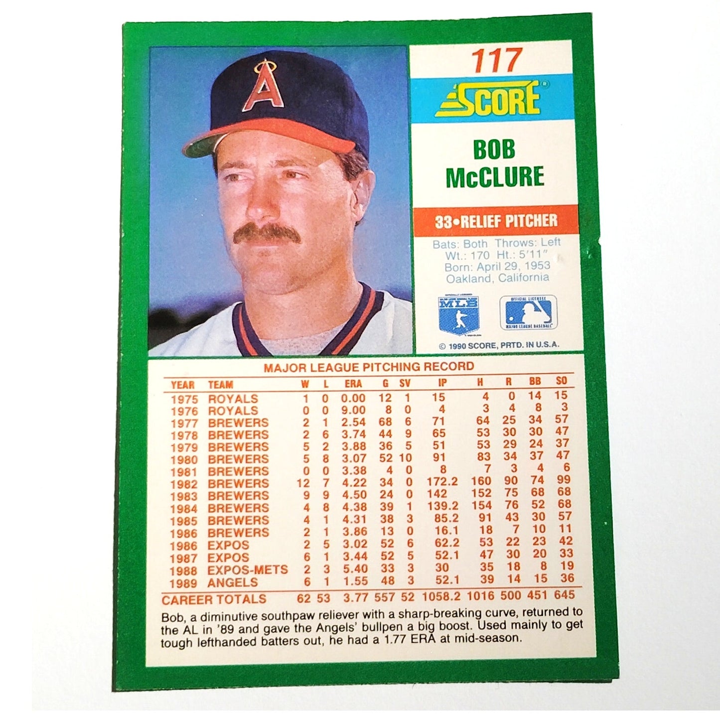 1990 Score Bob McClure Card No. 117 California Angels P VG/EX