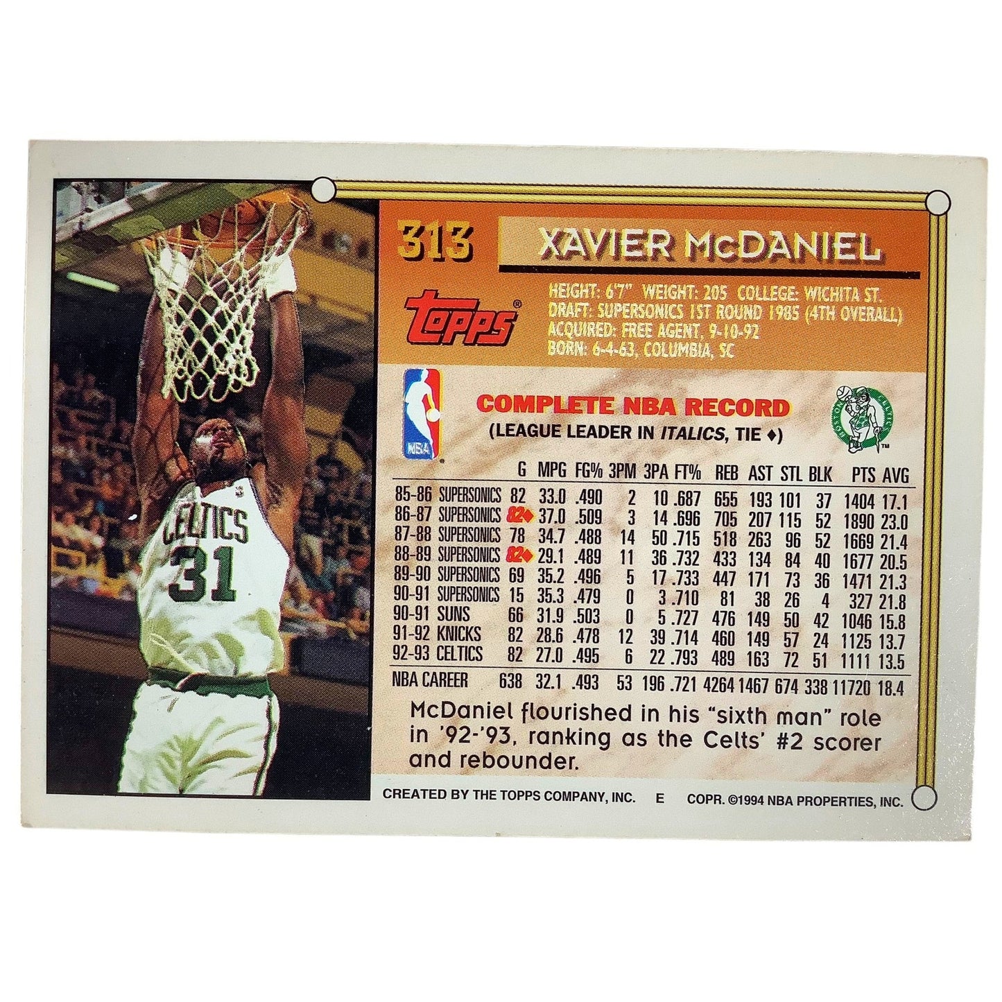 Xavier McDaniel, Boston Celtics, 1993 Topps Collector's Card 313, EXC