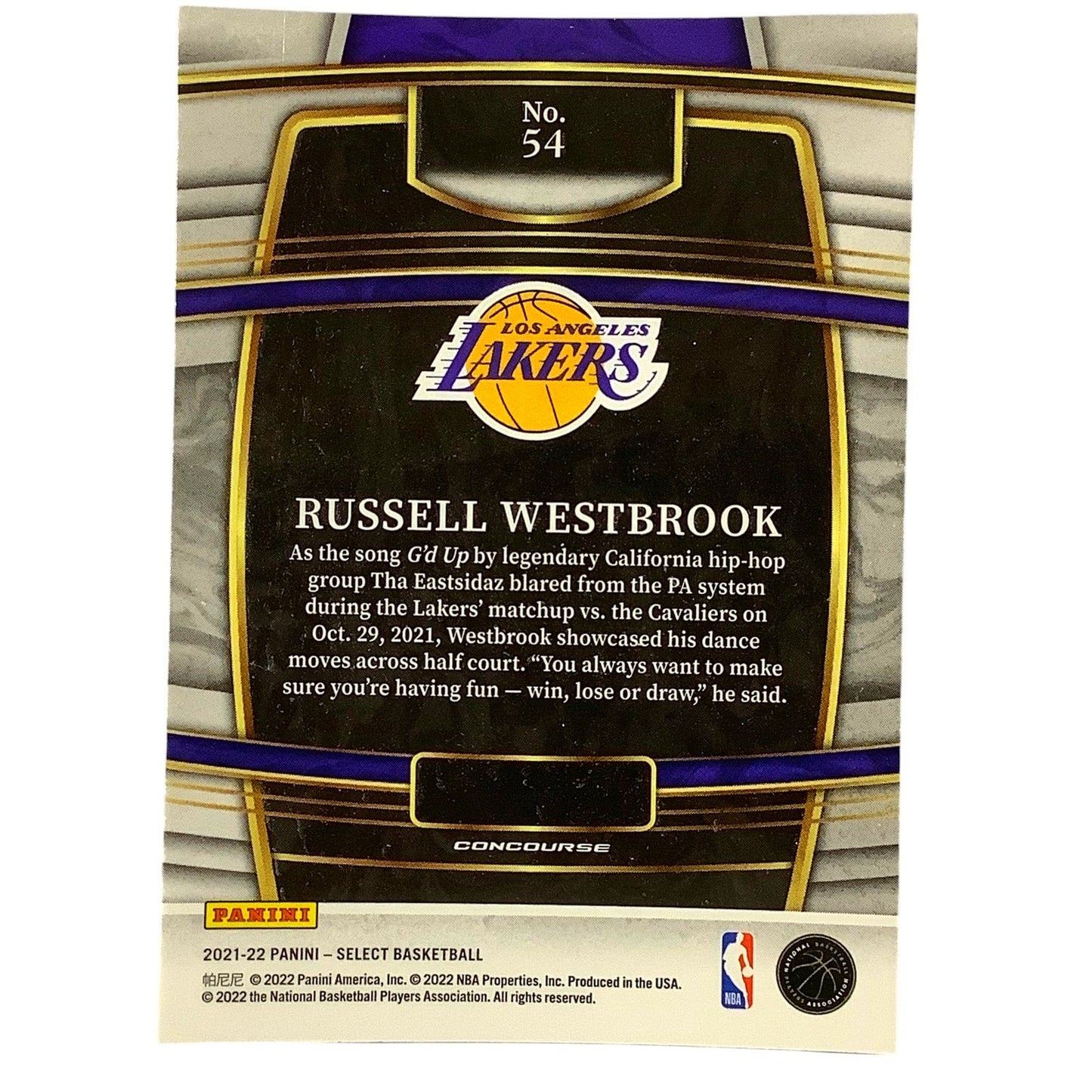 Russell Westbrook, Los Angeles Lakers, Card #54, 2021-22 NBA Panini Select