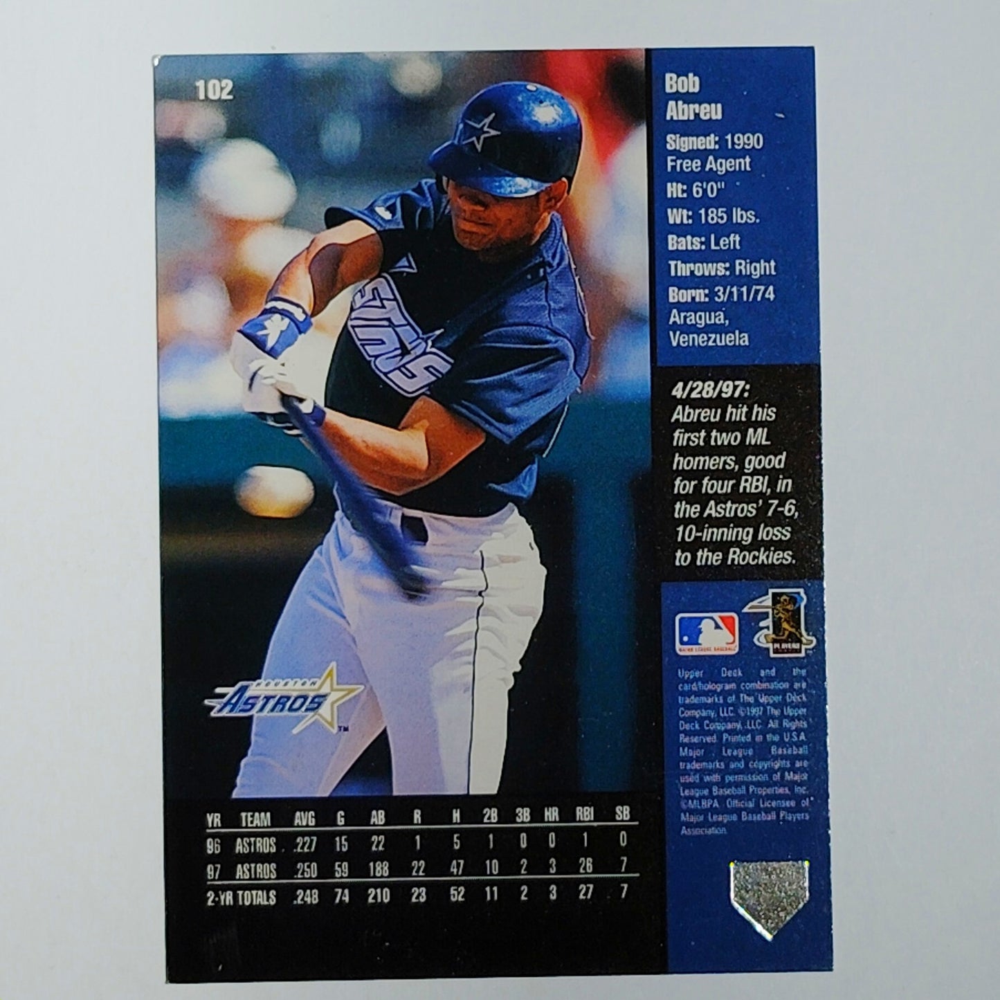 1998 Upper Deck Bobby Abreu #102 Houston Astros Outfielder Smiling Profile VG/EX