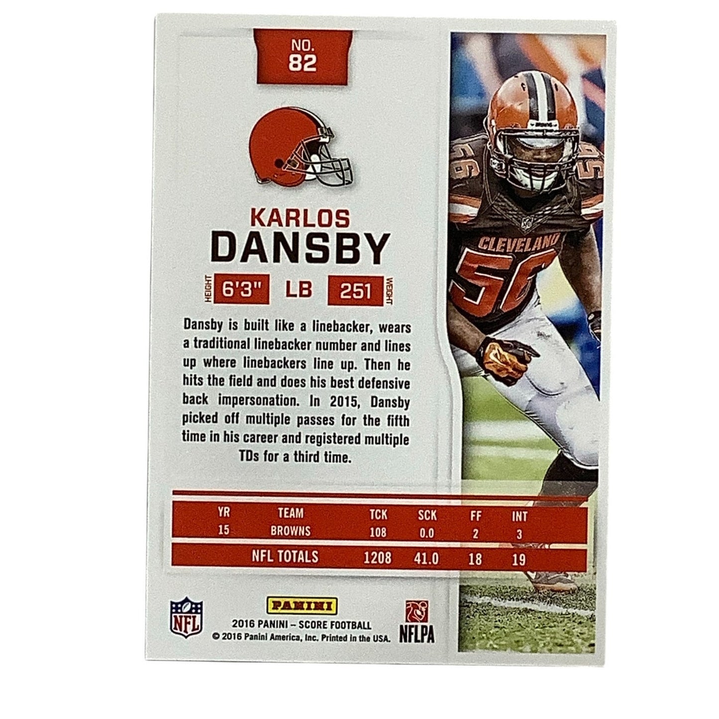 Karlos Dansby, Cleveland Browns, NFL, Panini Score 2016, Card 82, EX/NM