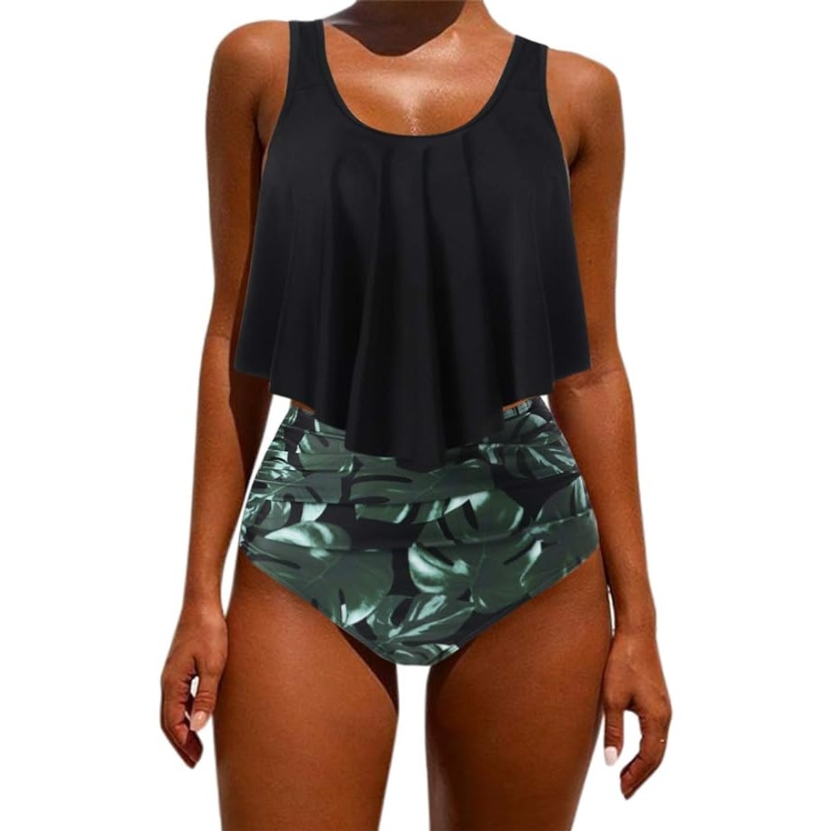 OMKAGI Ruffle Bikini, High Waisted Bottom Plus Tankini, Black Leaf, XL (8-10)