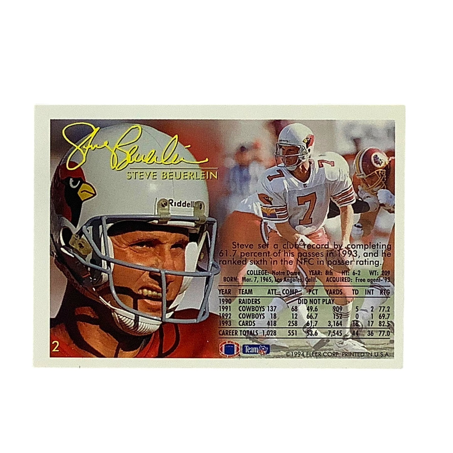 Steve Beuerlein, Arizona Cardinals, NFL Fleer 1994 Card 2, EX/NM