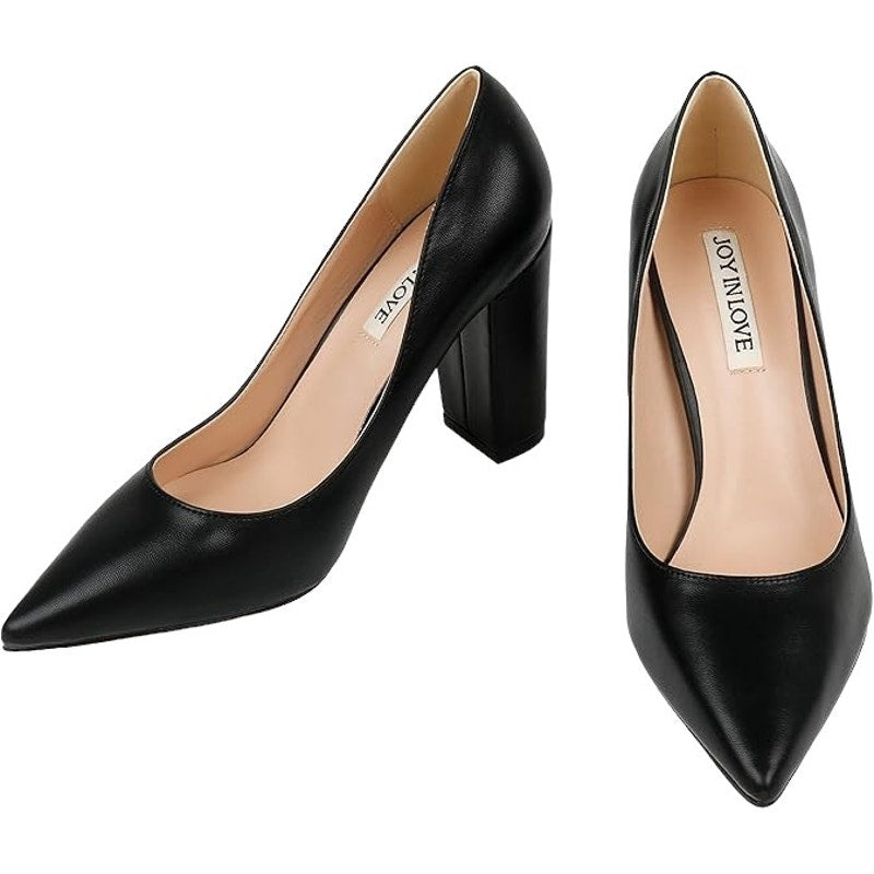 JOY IN LOVE Chunky High Block Heel Pointy Toe Dress Pumps Black Matte 7.5 LN