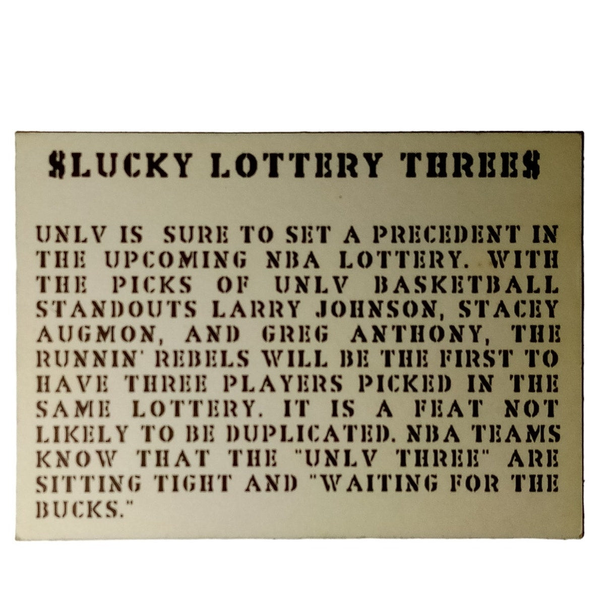 Stacey Augmon Greg Anthony Larry Johnson UNLV Lucky Lottery Three, Oddball, EXC