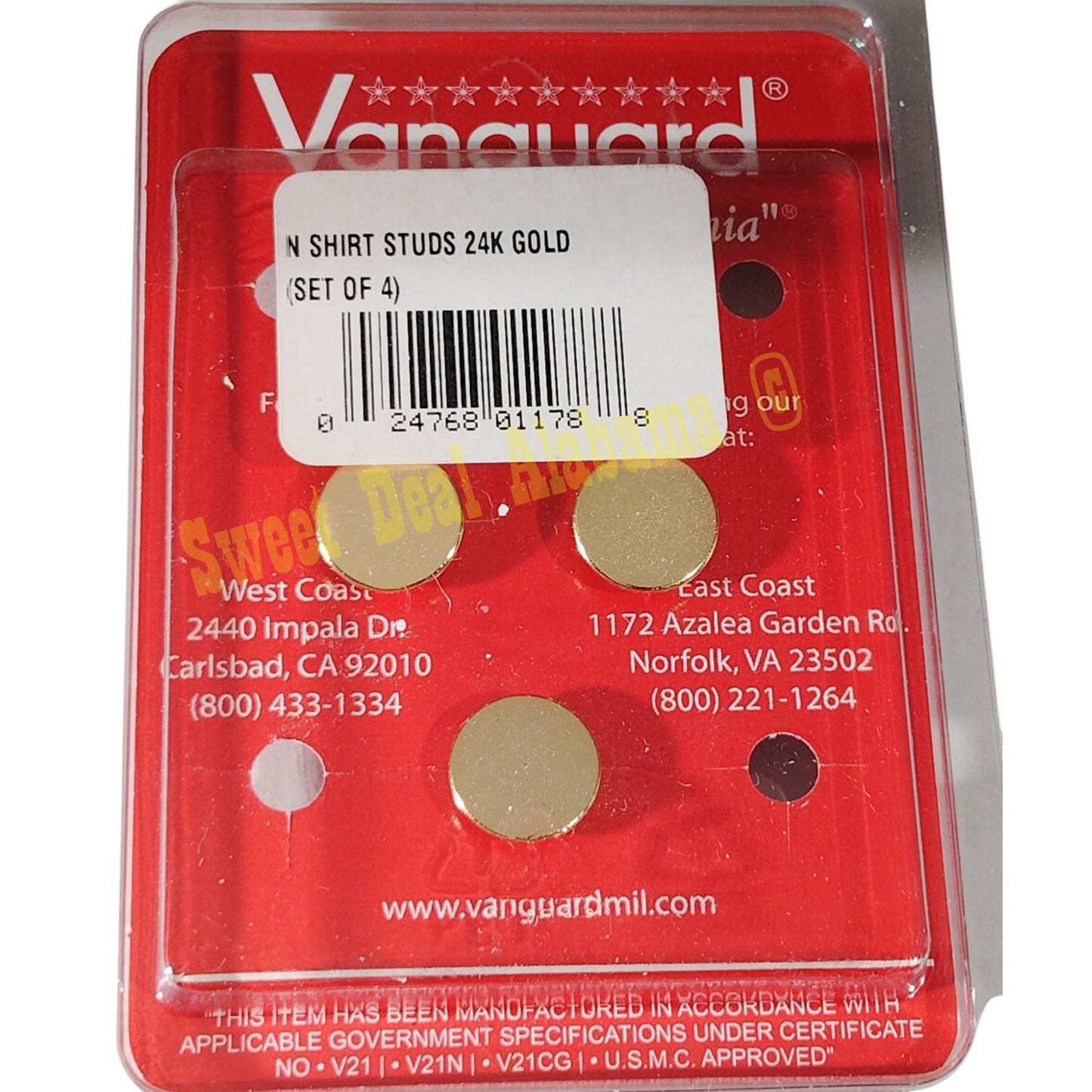 Vanguard Navy Shirt Studs, 24k Gold Plated Button Studs, Set of 4. 3/8"D, NIP