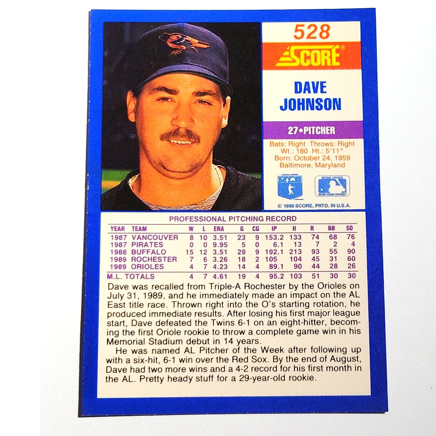1990 Score Dave Johnson #528 Baltimore Orioles Pitcher MLB Baseball EX