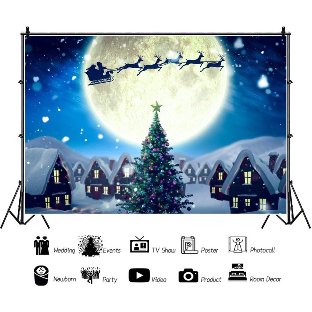 Polyester 7x5ft Christmas Eve Backdrop – Santa Sleigh, Snowy Forest, Moonlit Night