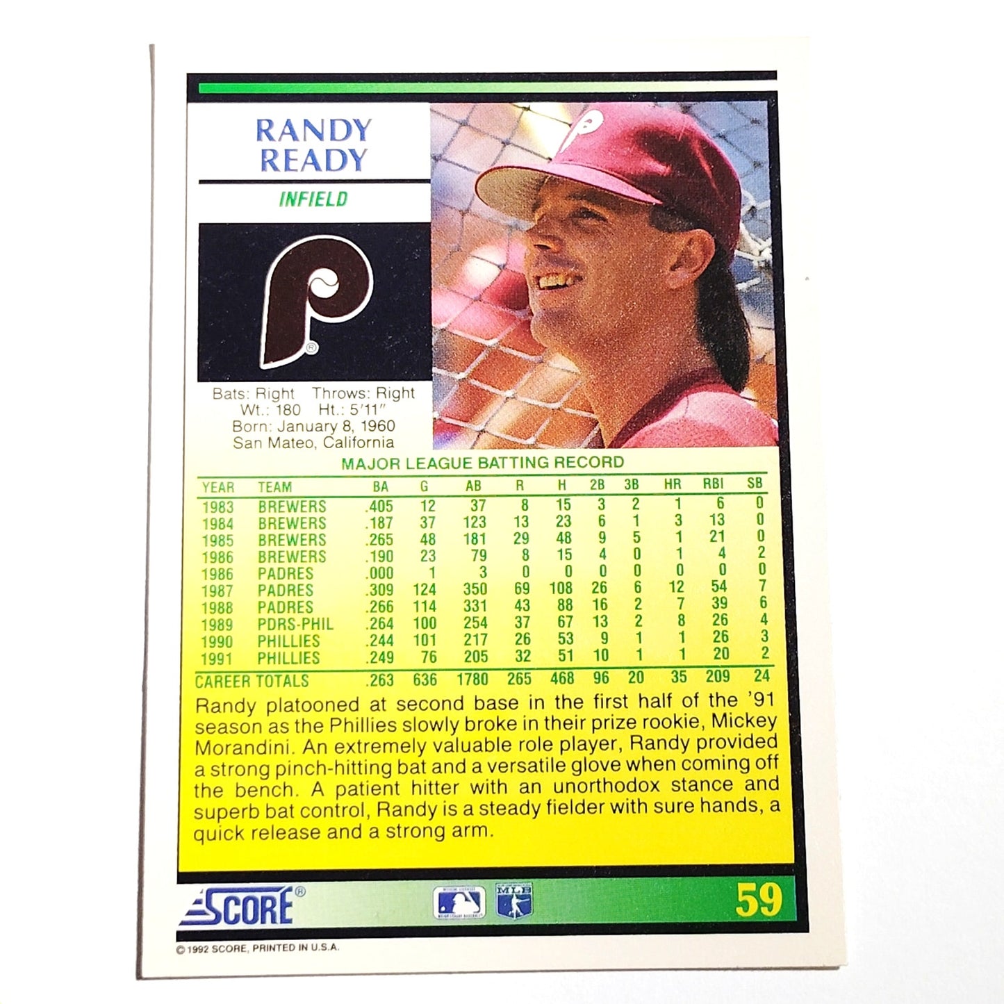 1992 Score Randy Ready #59 Philadelphia Phillies Infielder MLB Baseball NM