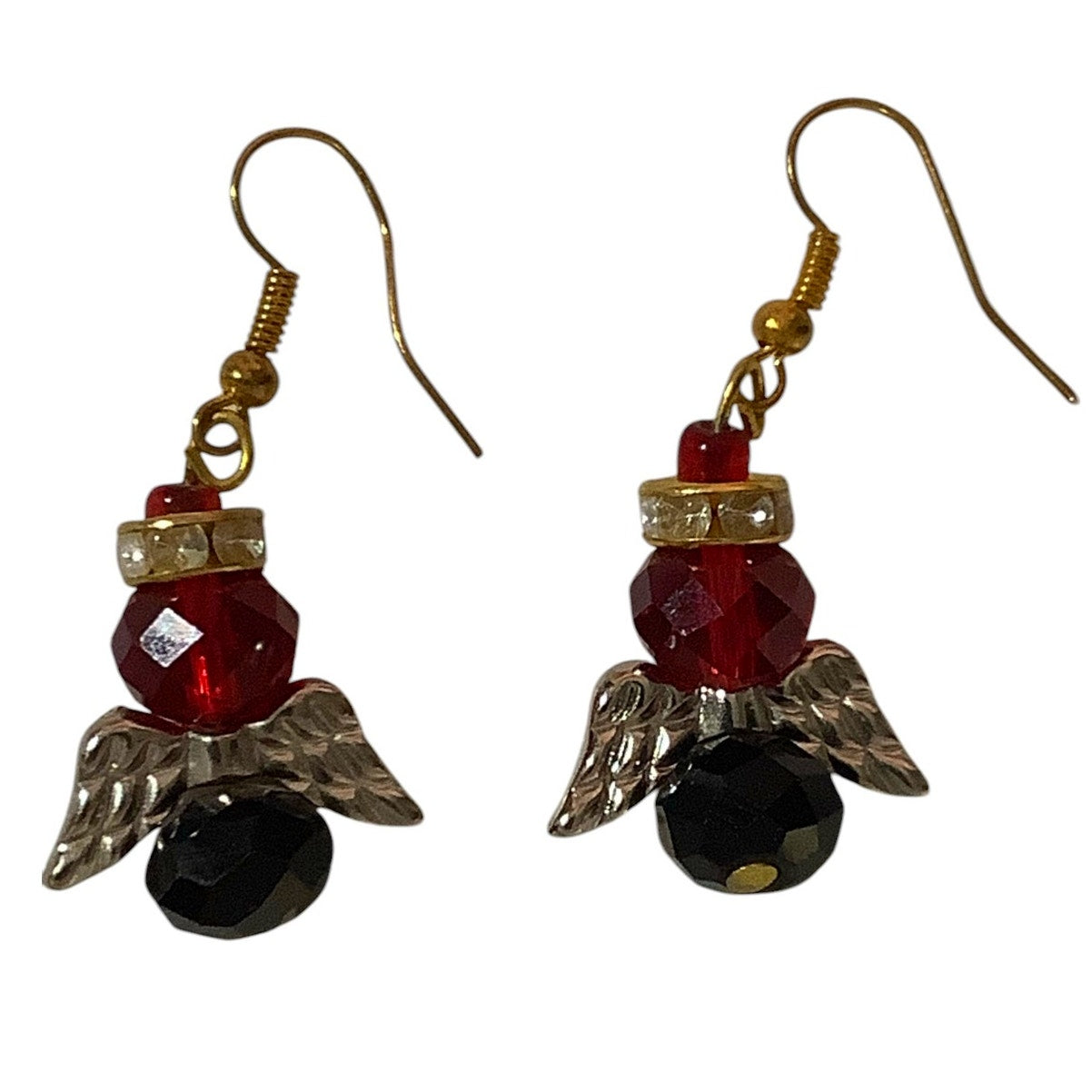 Vintage Angel Earrings with Rhinestones and Beads, Handcrafted