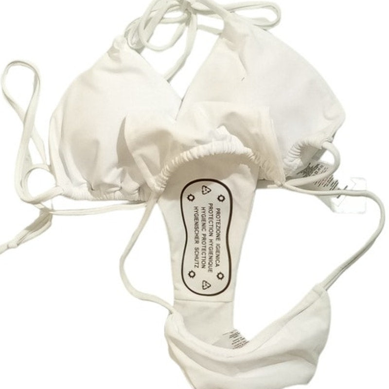 2-Piece Bikini Set, Halter Triangle Bra & Tie Side Thongs Swimsuit, SM, White