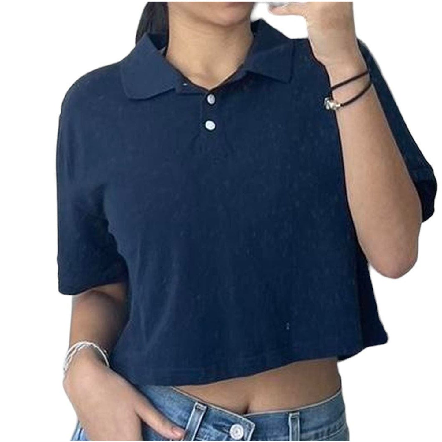 Wild Fable Women's Polo Style Cropped Top, 3-Button Shirt, Navy Blue, Small