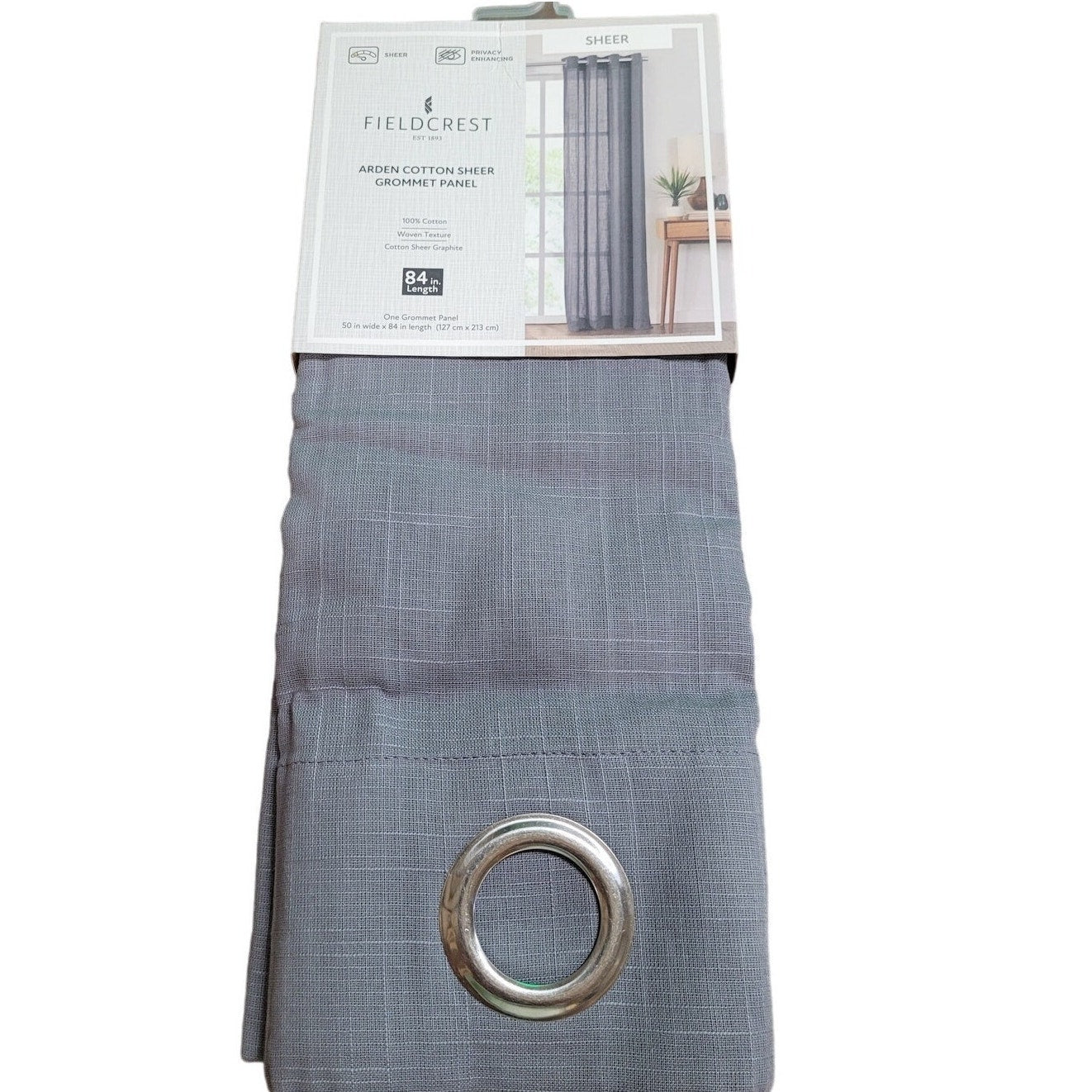 Fieldcrest Arden Solid Cotton Sheer Grommet Single Curtain Panel, Graphite 50x84