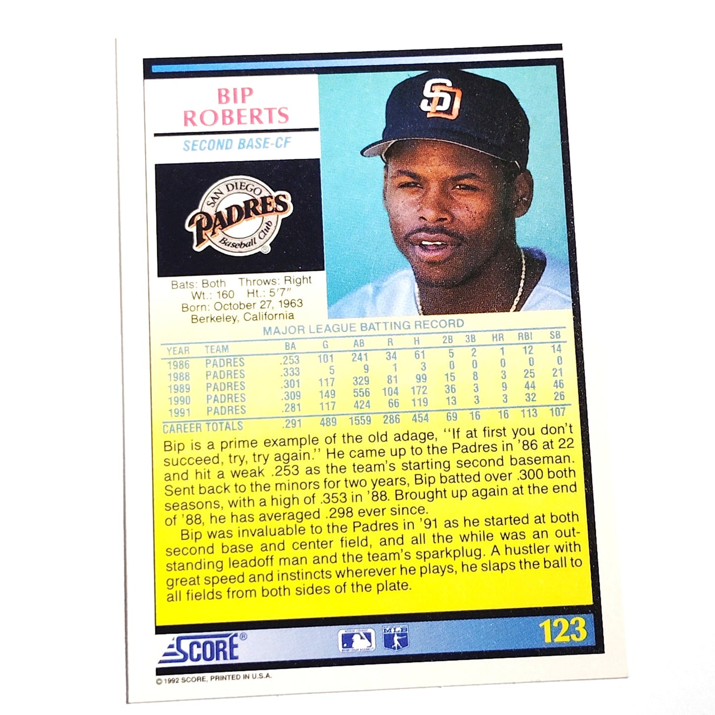 1992 Score Bip Roberts #123 San Diego Padres Second Baseman MLB Baseball NM