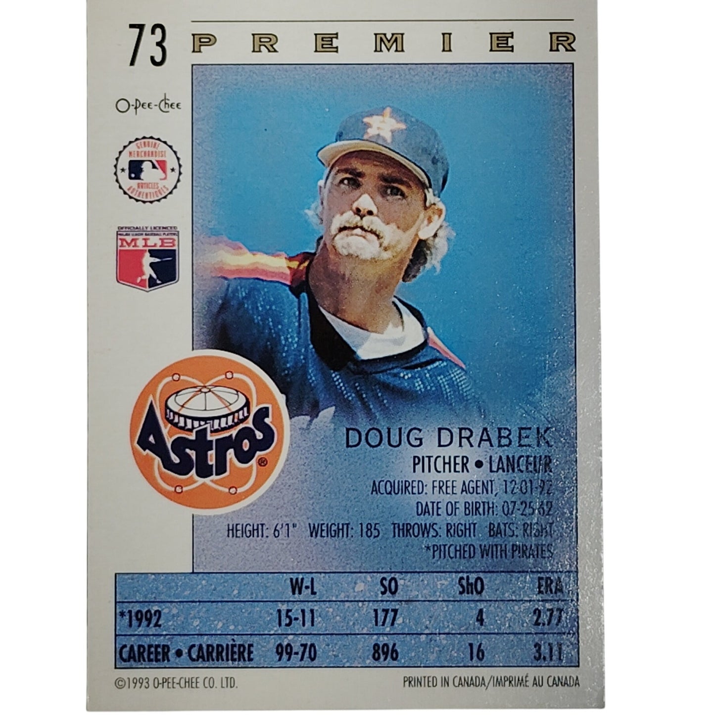 1993 O‑Pee‑Chee Premier Doug Drabek, Pitcher VG/EX, Card #73, Houston Astros