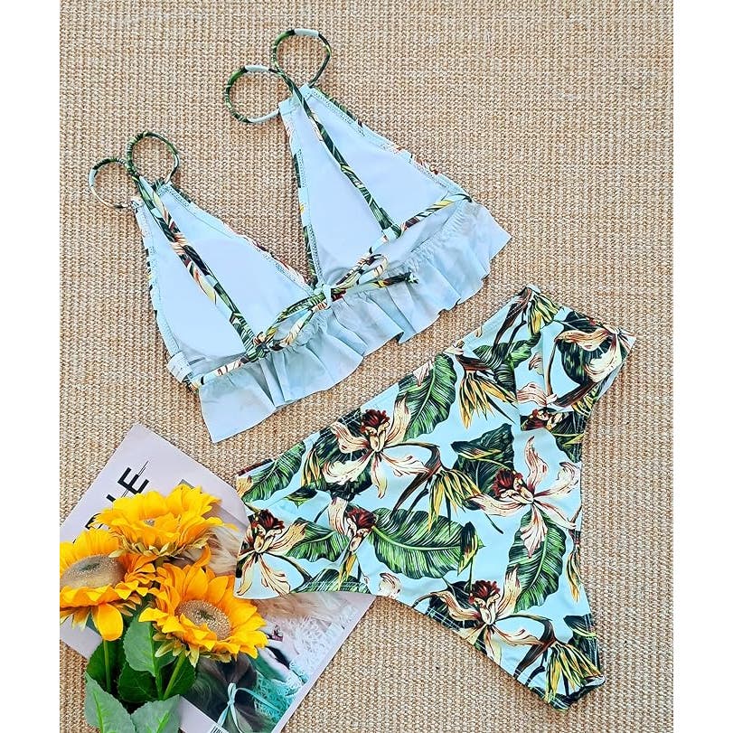 SPORLIKE Ruffle High Waisted Swimsuit Triangle Padded Top Bikini Floral Green M