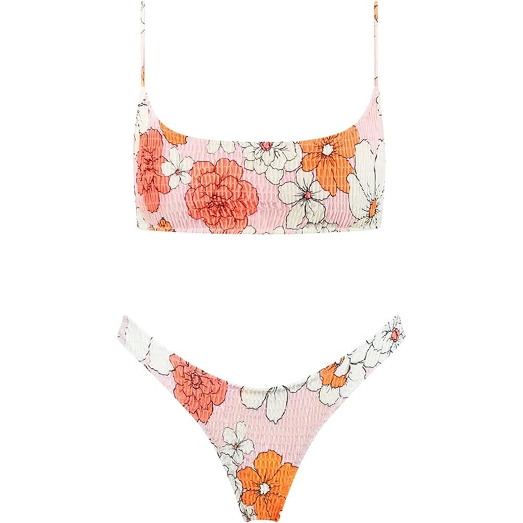 Triangle Bikini Smocked Textured Scoop Frilled Print Ruched Elastic Swimsuit, S (2)