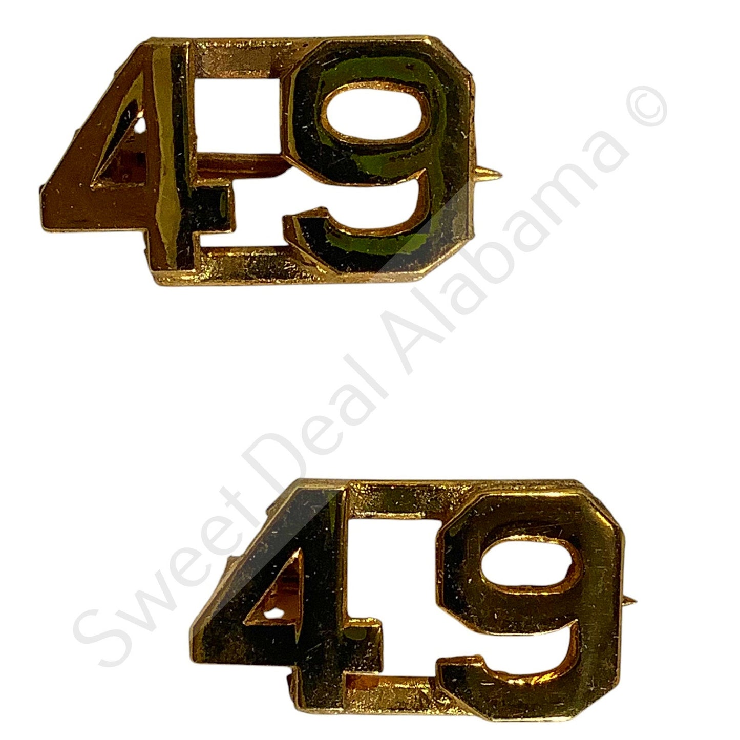 c.1940s Numeric "49", Brass Military C-Clasp Hat / Collar Pins Set 3/8"H