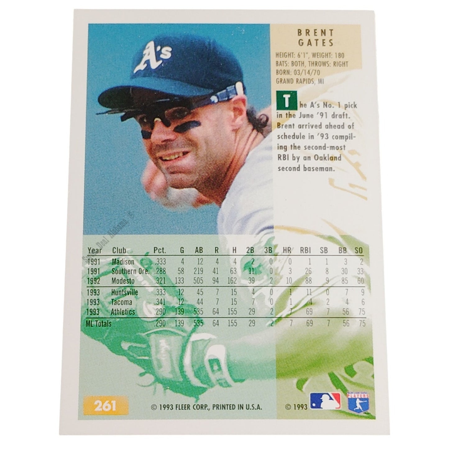 Brent Gates, Oakland Athletics (A's) #261, 1994 Fleer Baseball Collector's Card