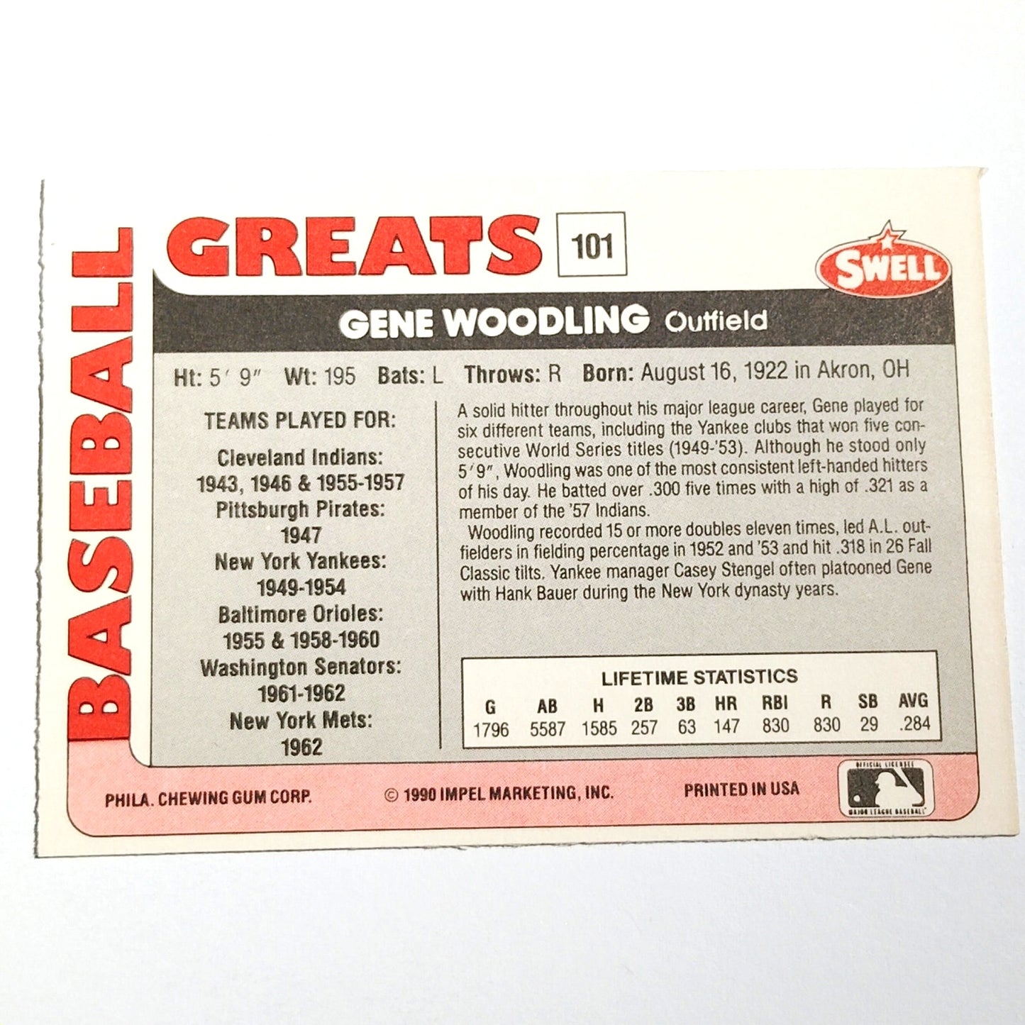 1990 Swell Baseball Greats Gene Woodling #101 New York Yankees OF Baseball NM