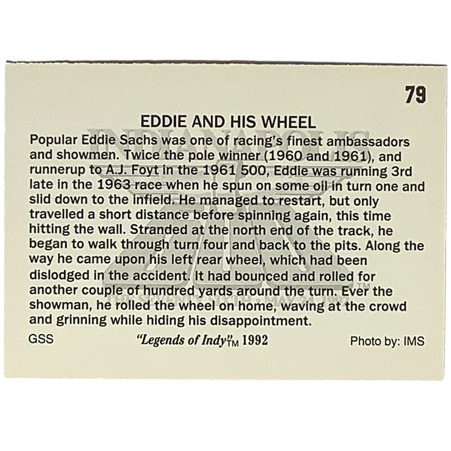 1961 Eddie Sachs and his Wheel at Indy 500, 1992 Legends of Indy, Card 79 NM+