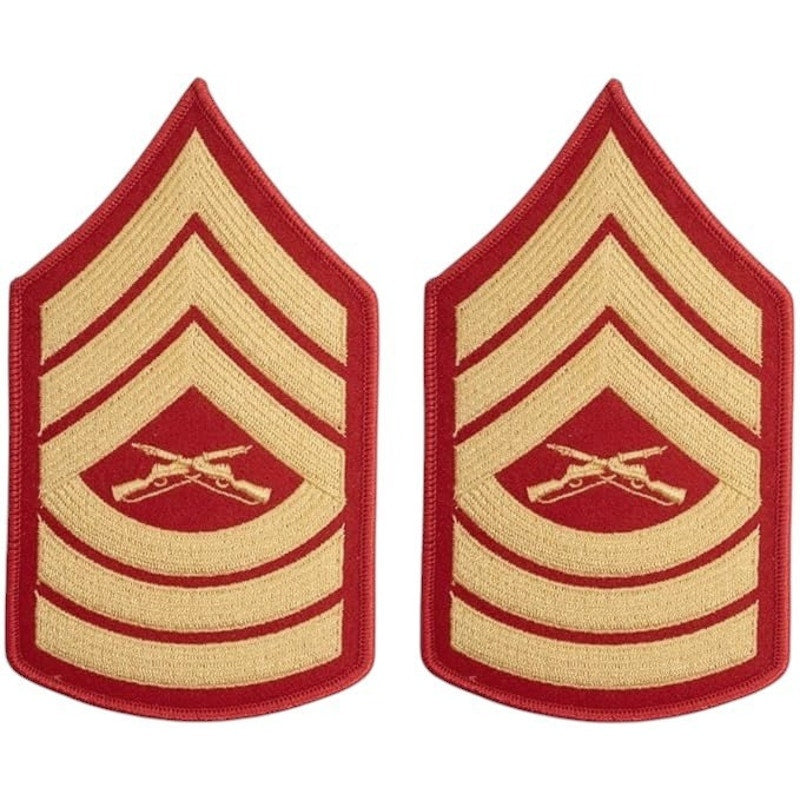 1 Set- USMC Master Sergeant E-8 Gold on Red Embroidered Chevrons, Male