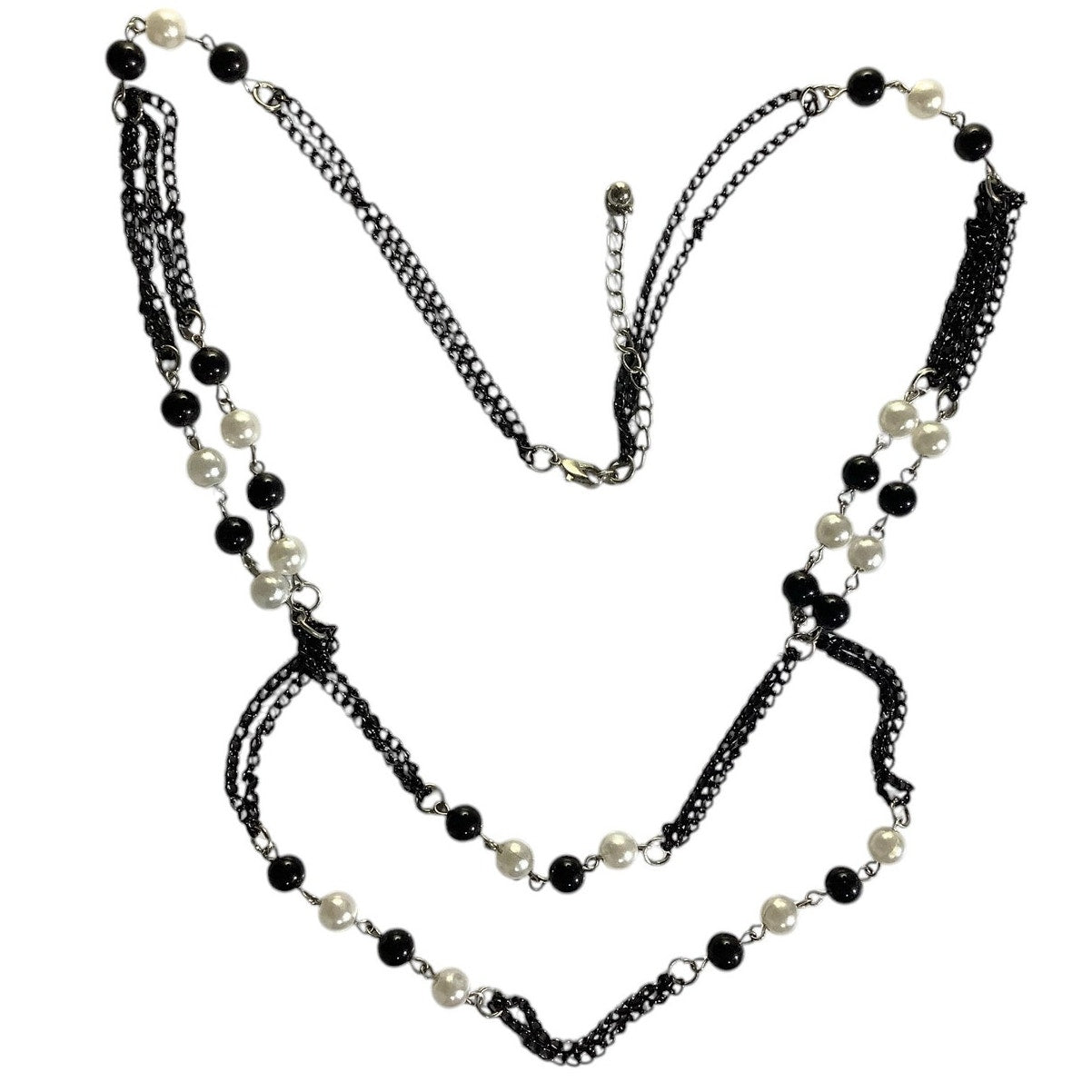Elegant Loft Necklace Double Strand, Black & White Beads, Black Chain