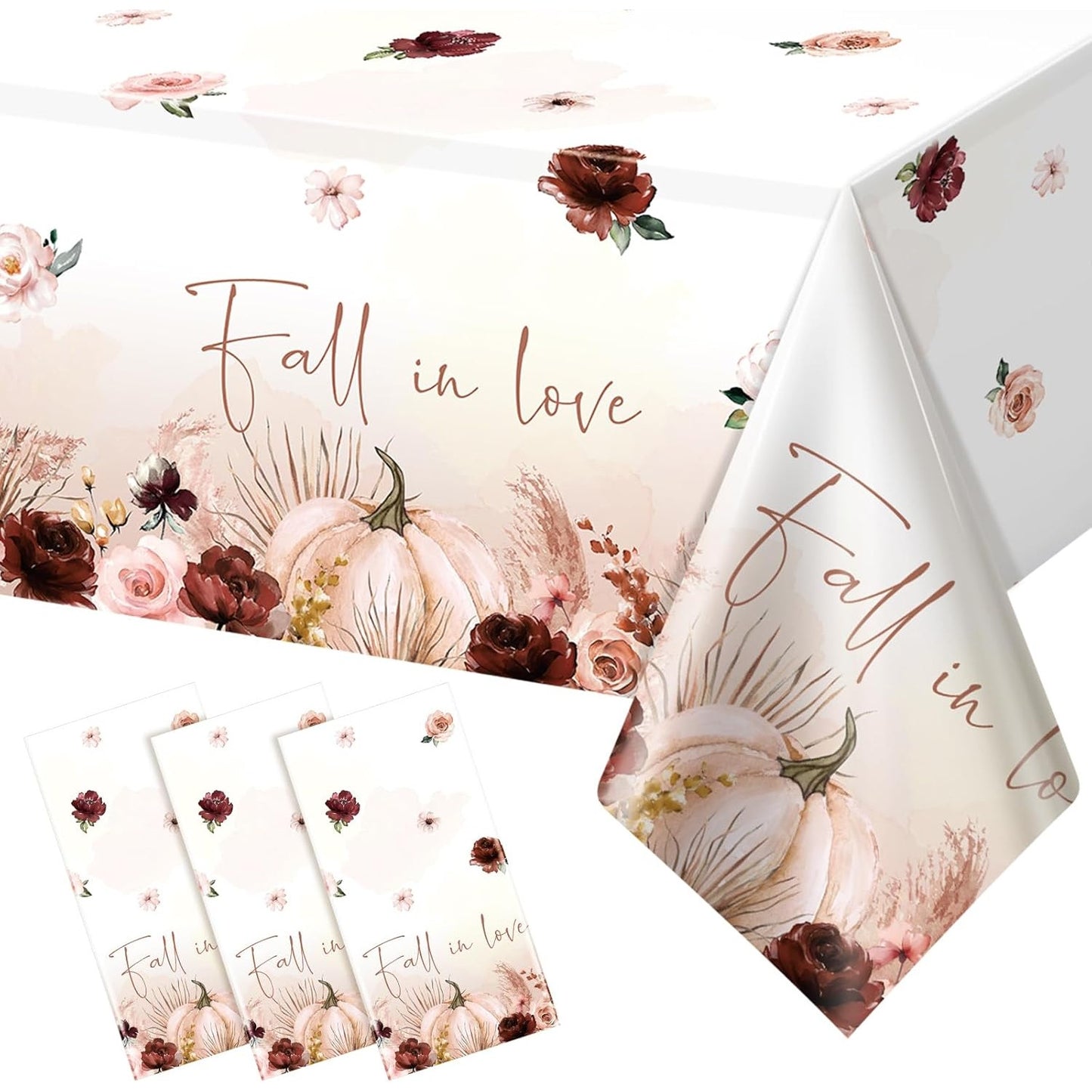 3 Pcs Fall In Love, Pumpkin Floral Tablecloths – 108x54" Disposable Party Decor
