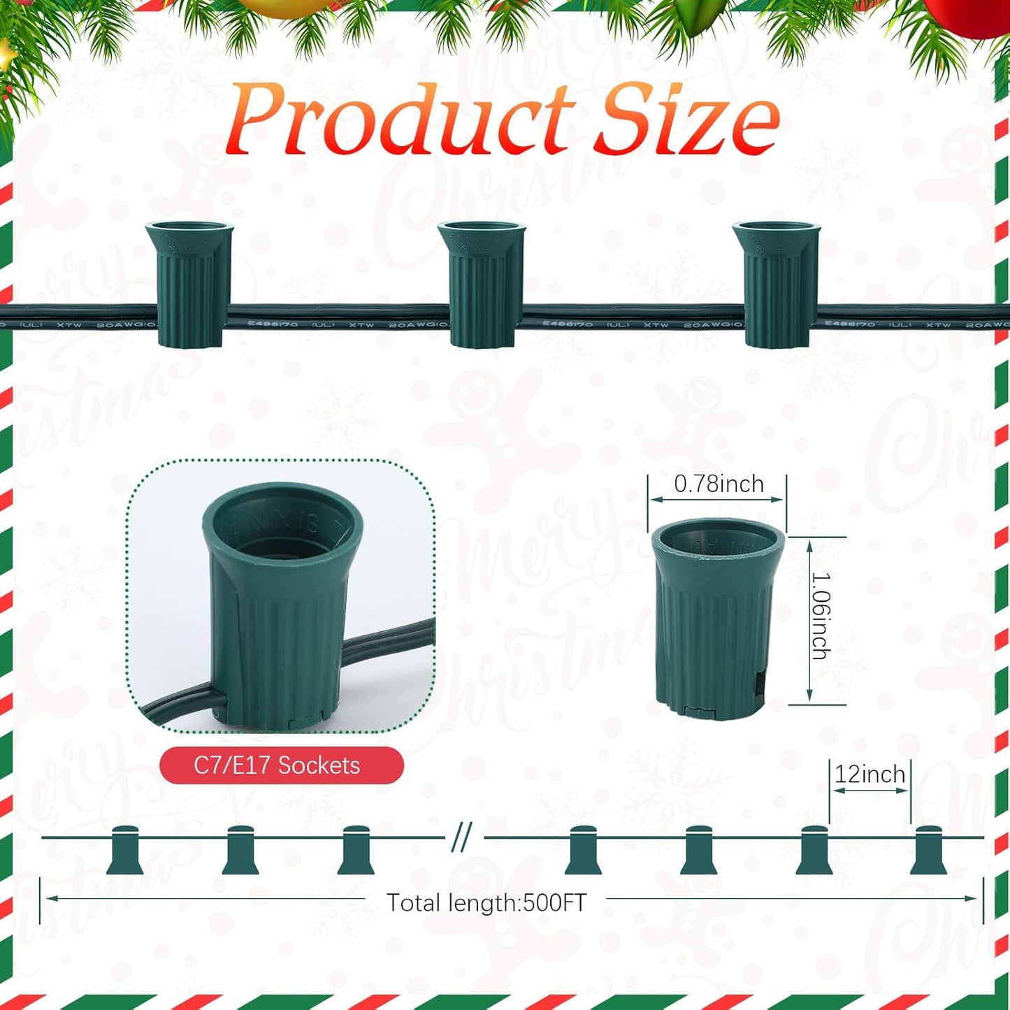C7/E12 Christmas Light Socket Set 500ft | UL Listed | 12" Spacing Stringer