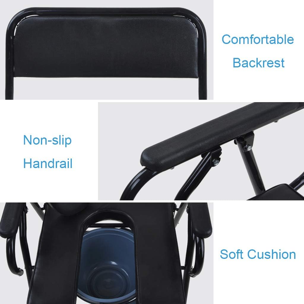 4-in-1 Folding Steel Bedside or Raised Commode, Shower Chair, Black, 330lbs Cap.