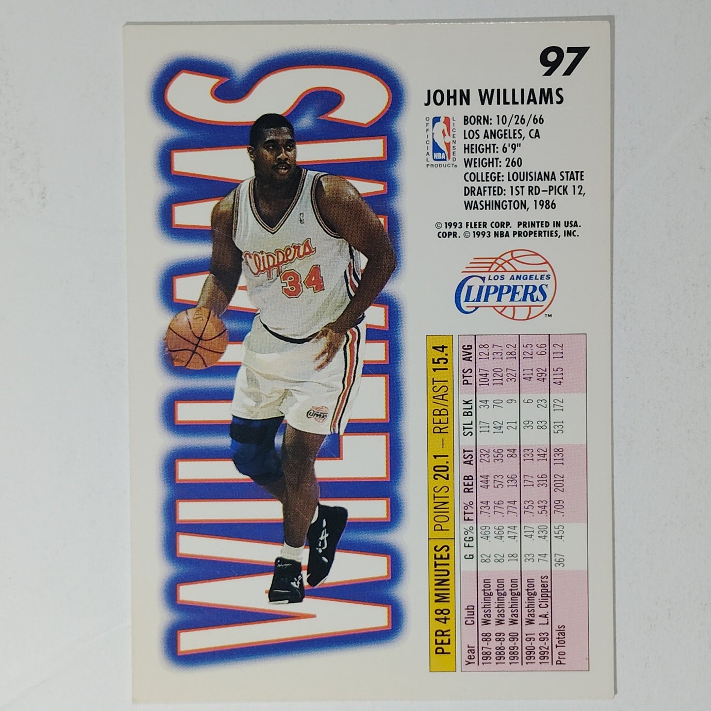 1993–94 Fleer John Williams #97 – LA Clippers – Forward – VG/EX