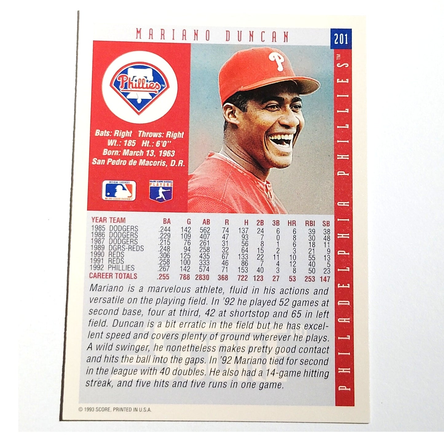 1993 Score Mariano Duncan #201 Philadelphia Phillies 2B MLB Baseball Card NM