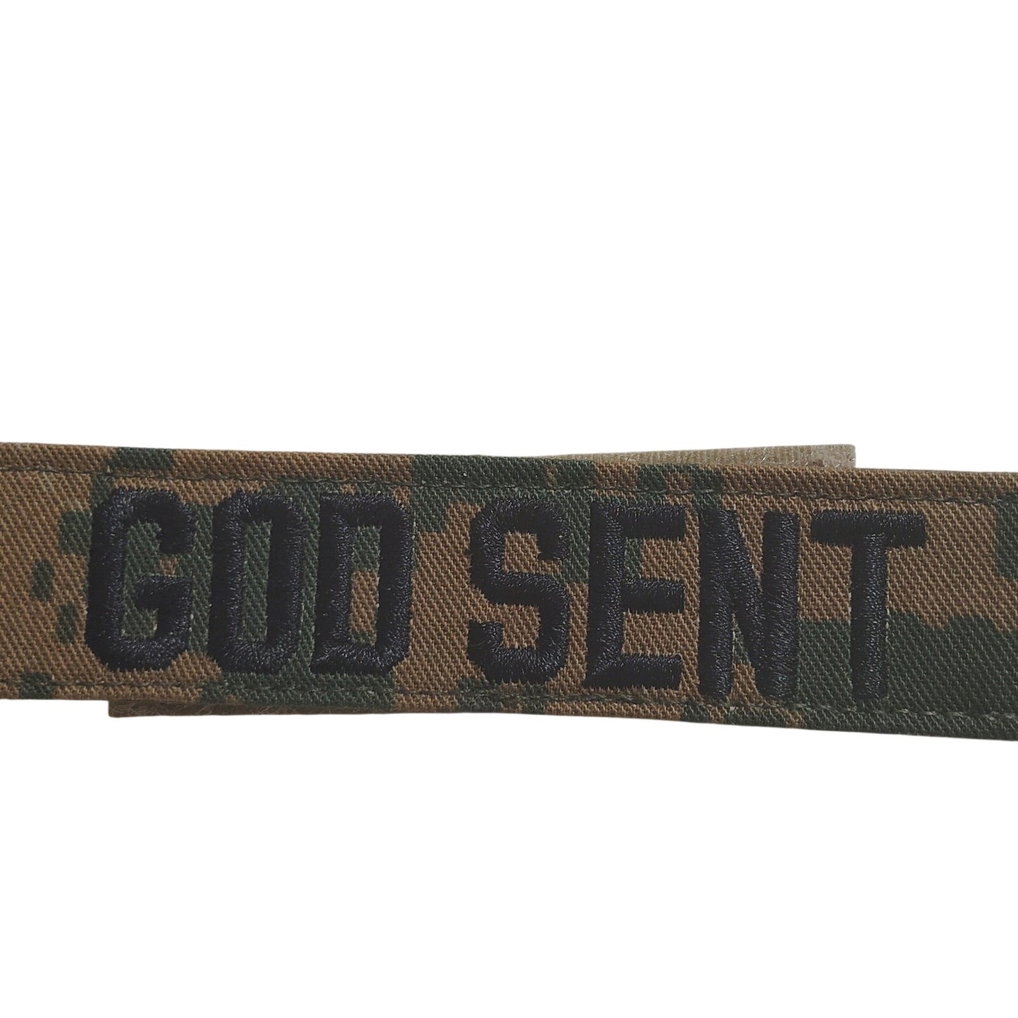 Name Tape “GOD SENT” – Woodland MARPAT – Hook Back – 5" × 1" – Novelty Patch