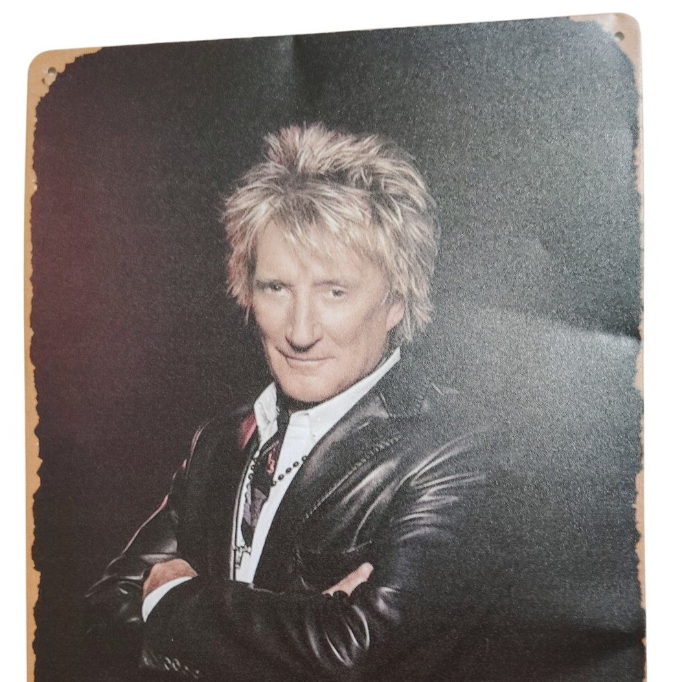 Rod Stewart Retro Tin Sign – 12x8 Vintage Portrait of Rock Icon in Punk-Inspired Style