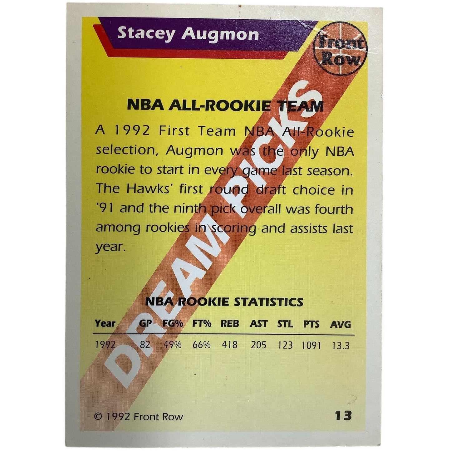 Stacey Augmon, UNLV Rebels, 1992 Front Row Dream Picks Basketball Card 13, EXC