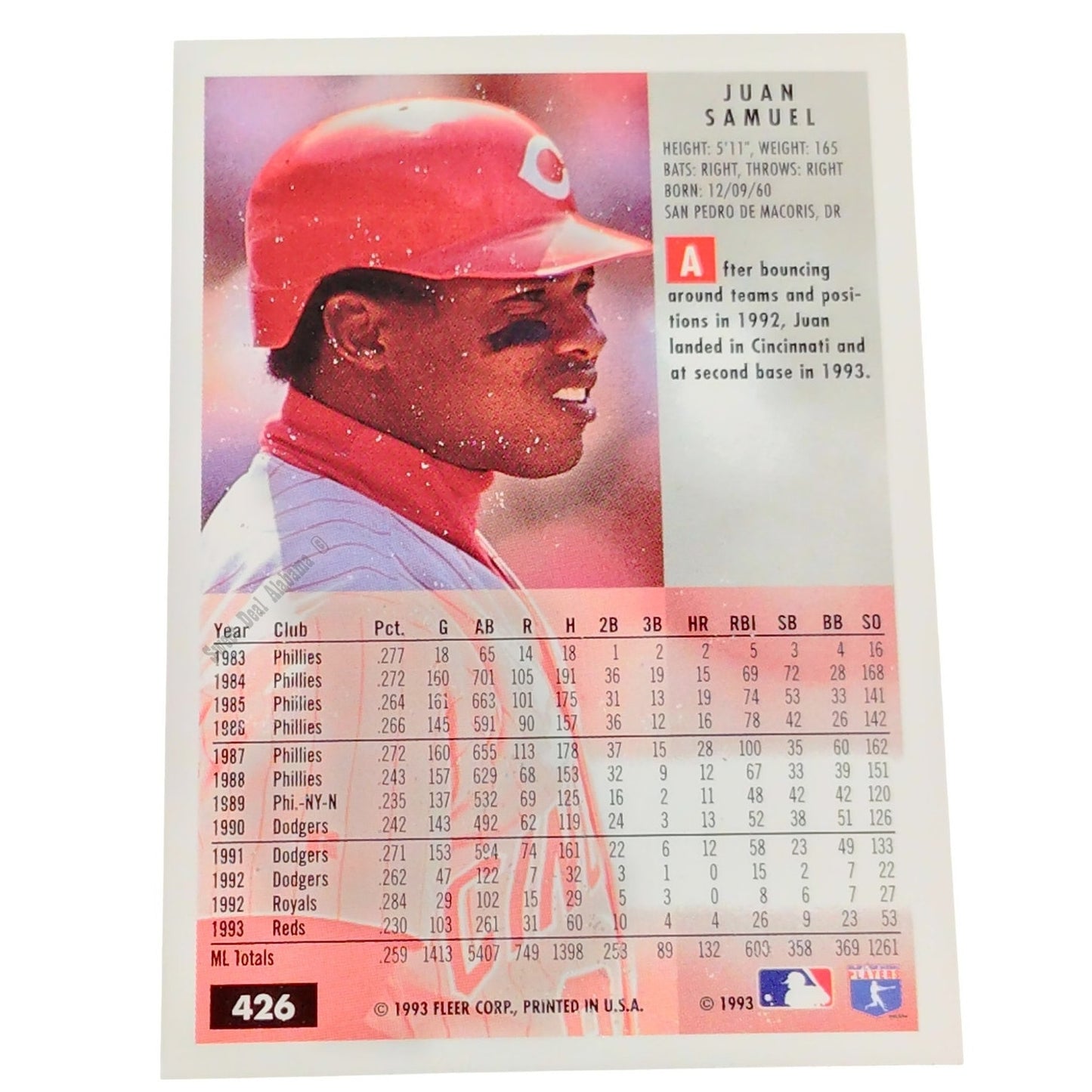 Juan Samuel, Cincinnati Reds, #426, 1994 Fleer Baseball Collector's Card