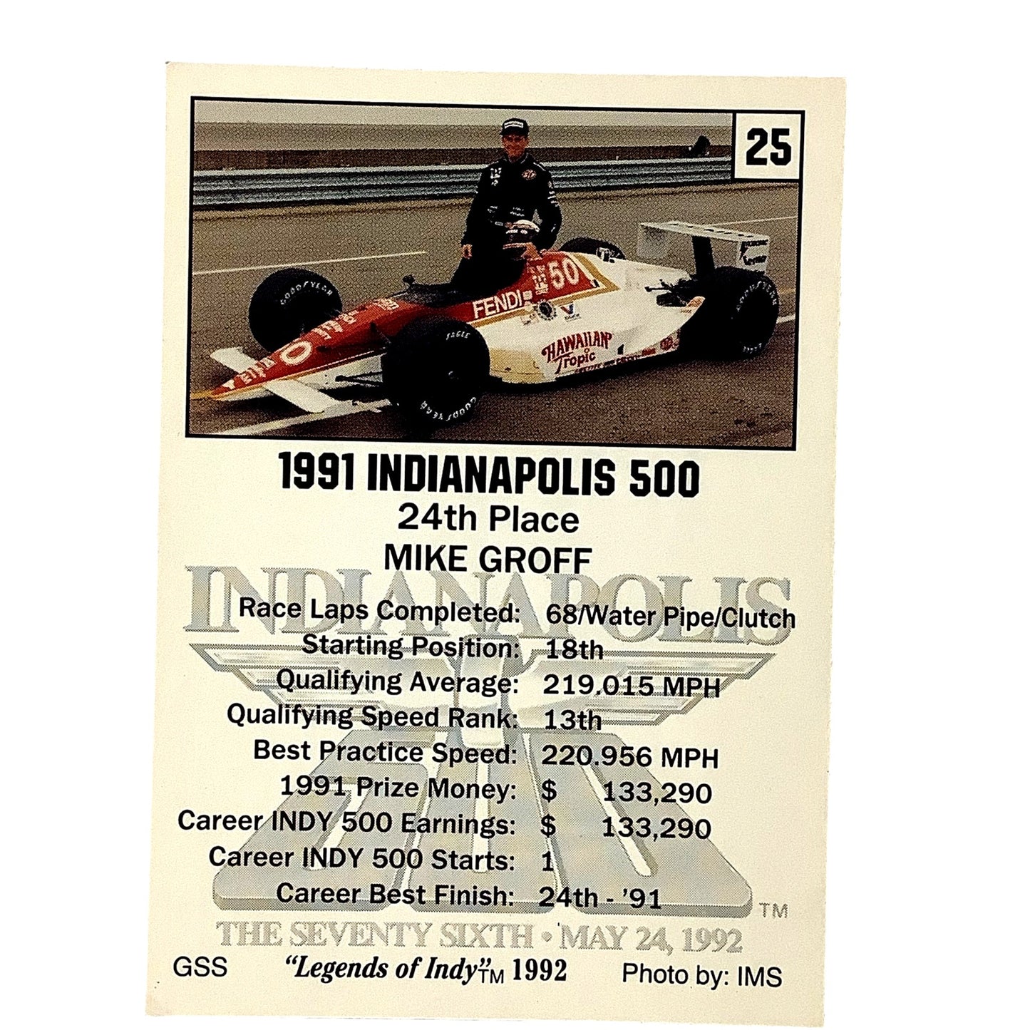 Mike Groff 24th Place Indy 500, 1991 Action, 1992 Legends of Indy, Card No.25