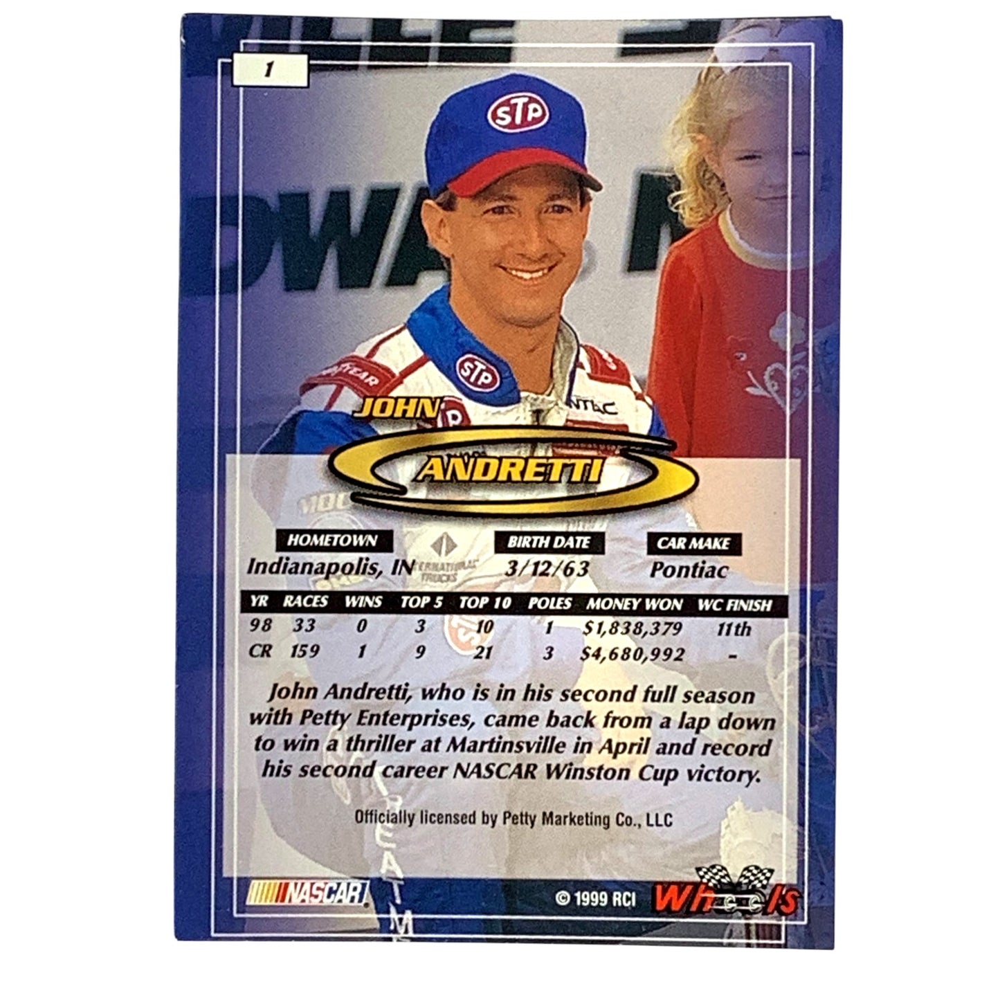 John Andretti, Sponsor: STP, Card 1, 1999 Wheels NASCAR Winston Cup, NM+