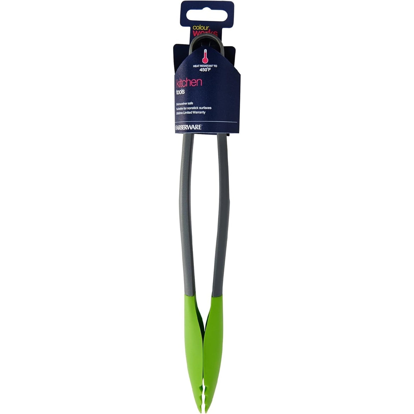 2PK Farberware Colourworks Nylon Tongs, Green, 12" Silicone Tips, Heat-Resistant