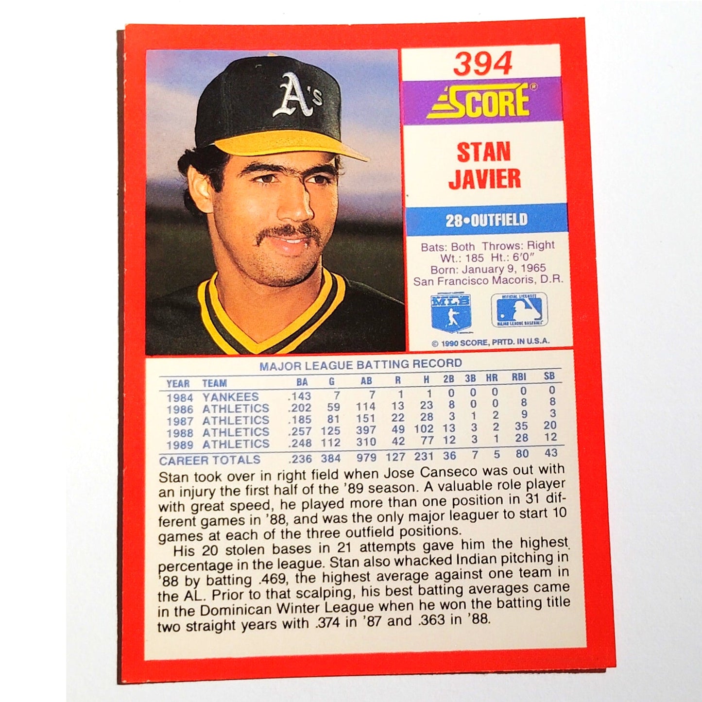 1990 Score Stan Javier #394 Oakland Athletics Outfielder MLB Baseball EX