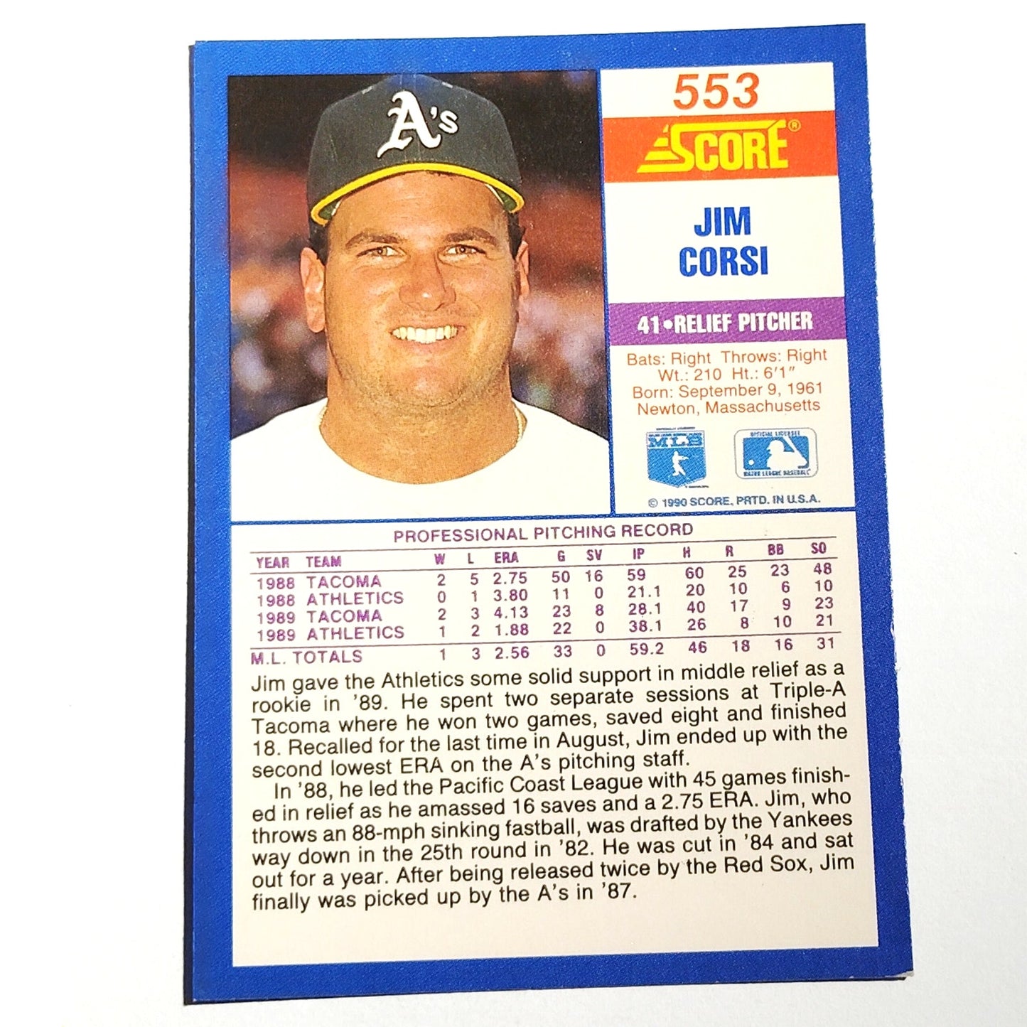 1990 Score Jim Corsi #553 Oakland Athletics Pitcher MLB Baseball EX