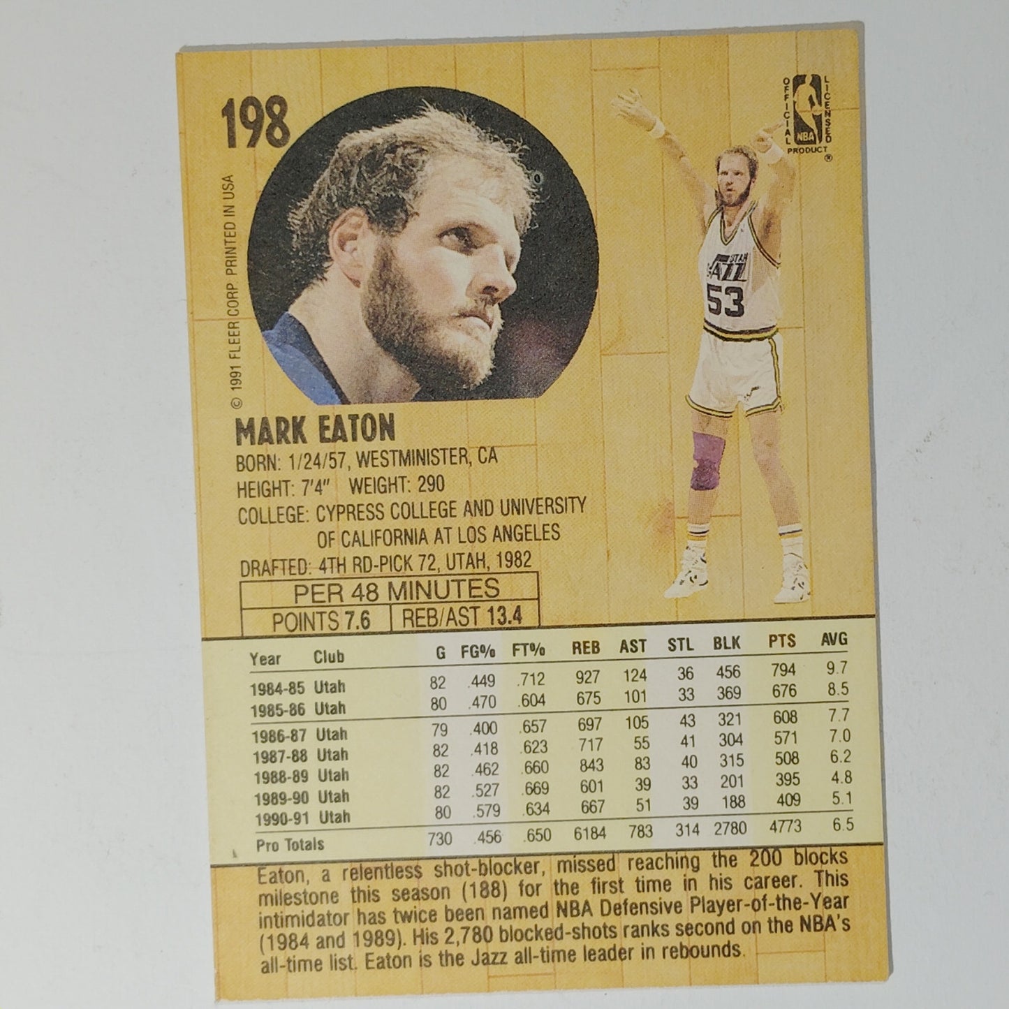1991 Fleer Mark Eaton #198 – Utah Jazz – Center – NBA Card EX/NM