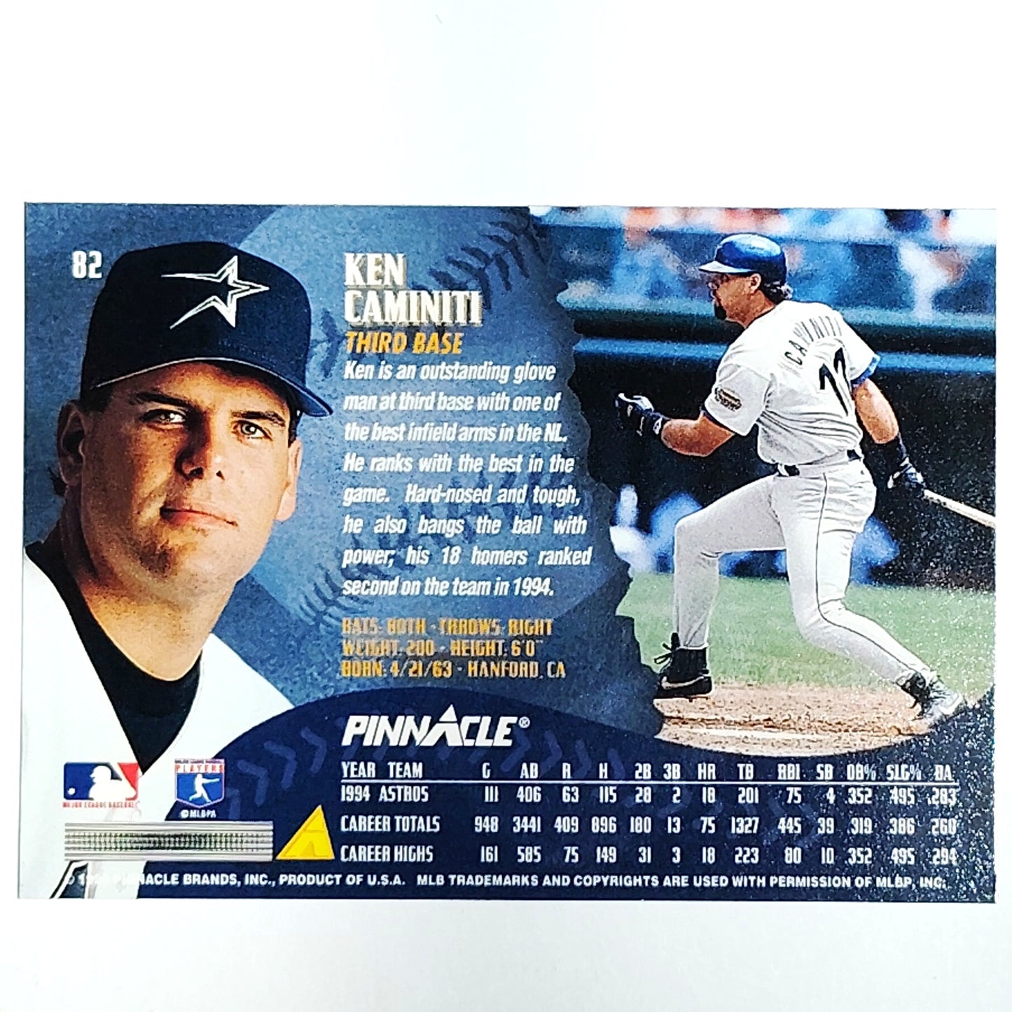 1995 Pinnacle Ken Caminiti Card #82 Houston Astros 3B VG/EX